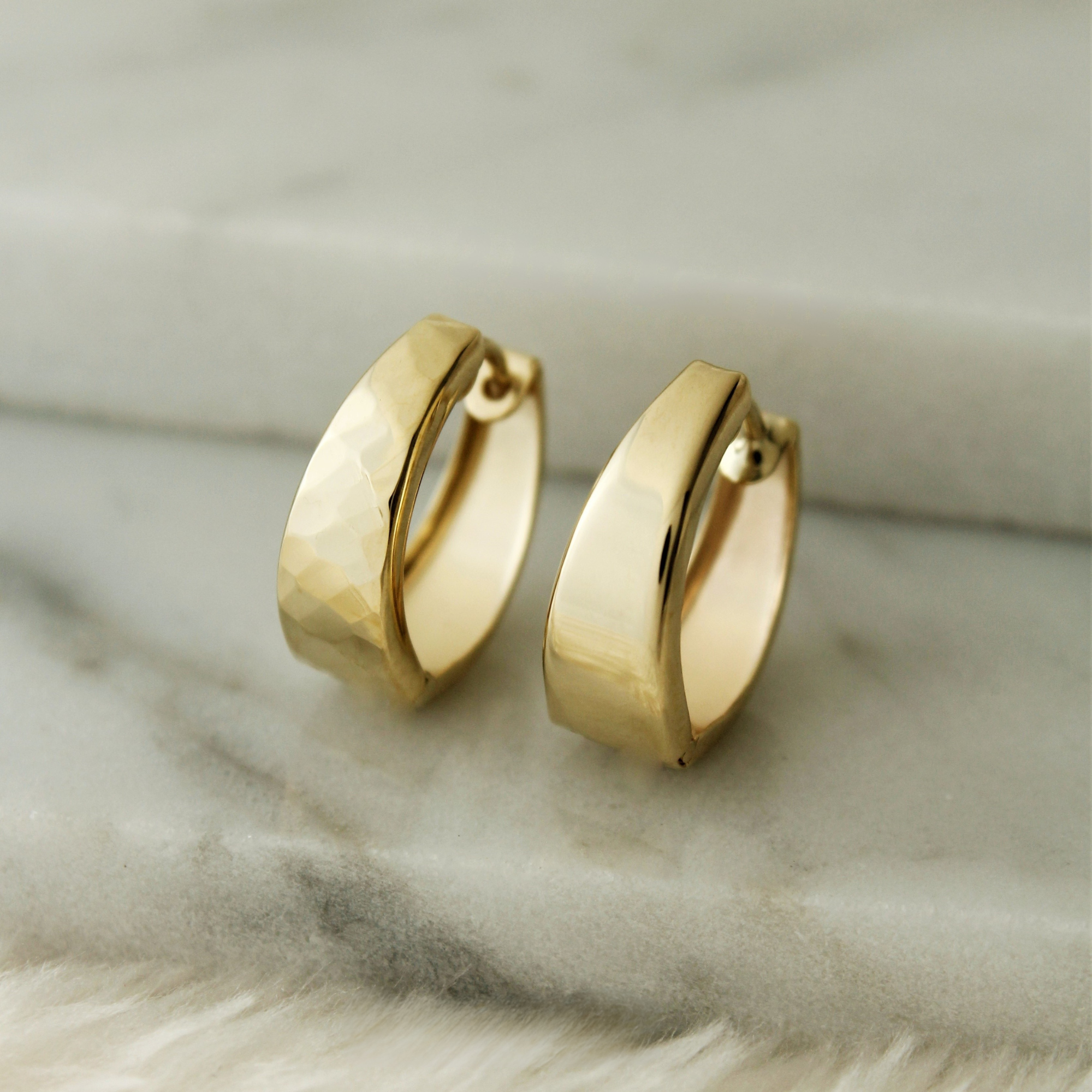 10k Solid Gold 2 in 1 Hammered Huggie Earrings - Serena Sparkles