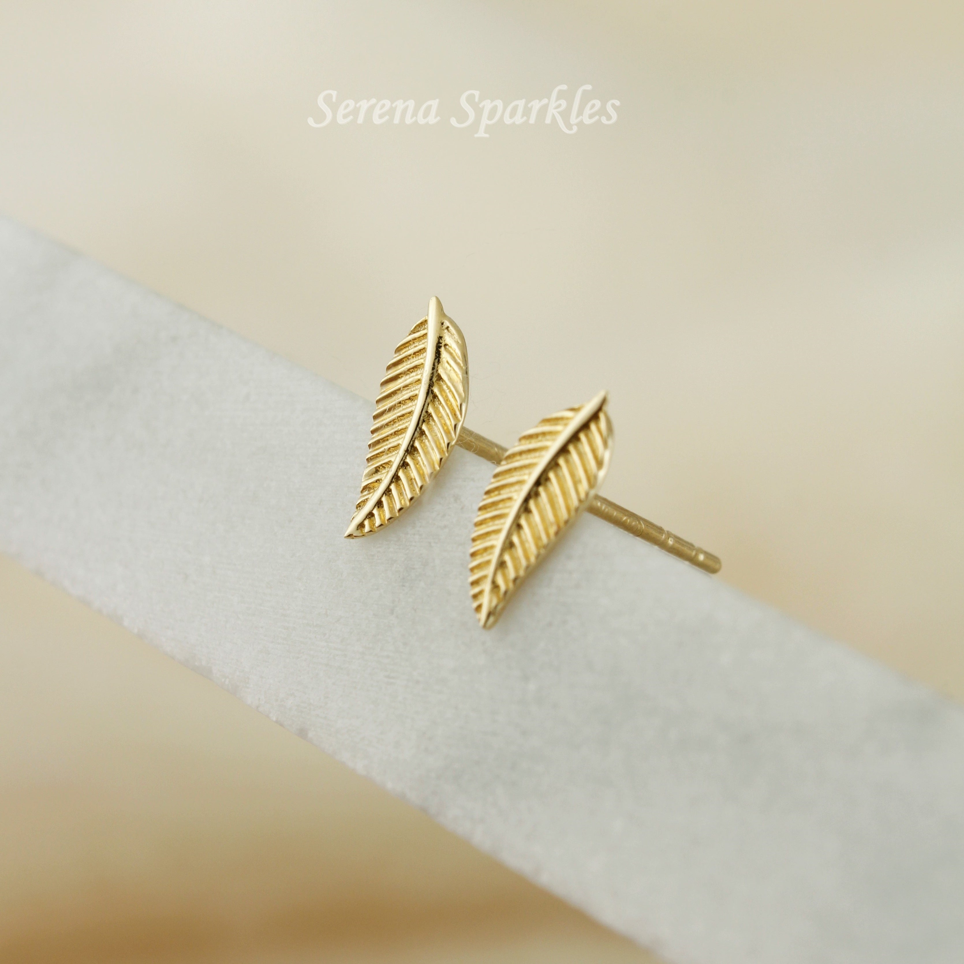10k Solid Gold Feather Stud Earrings - Serena Sparkles
