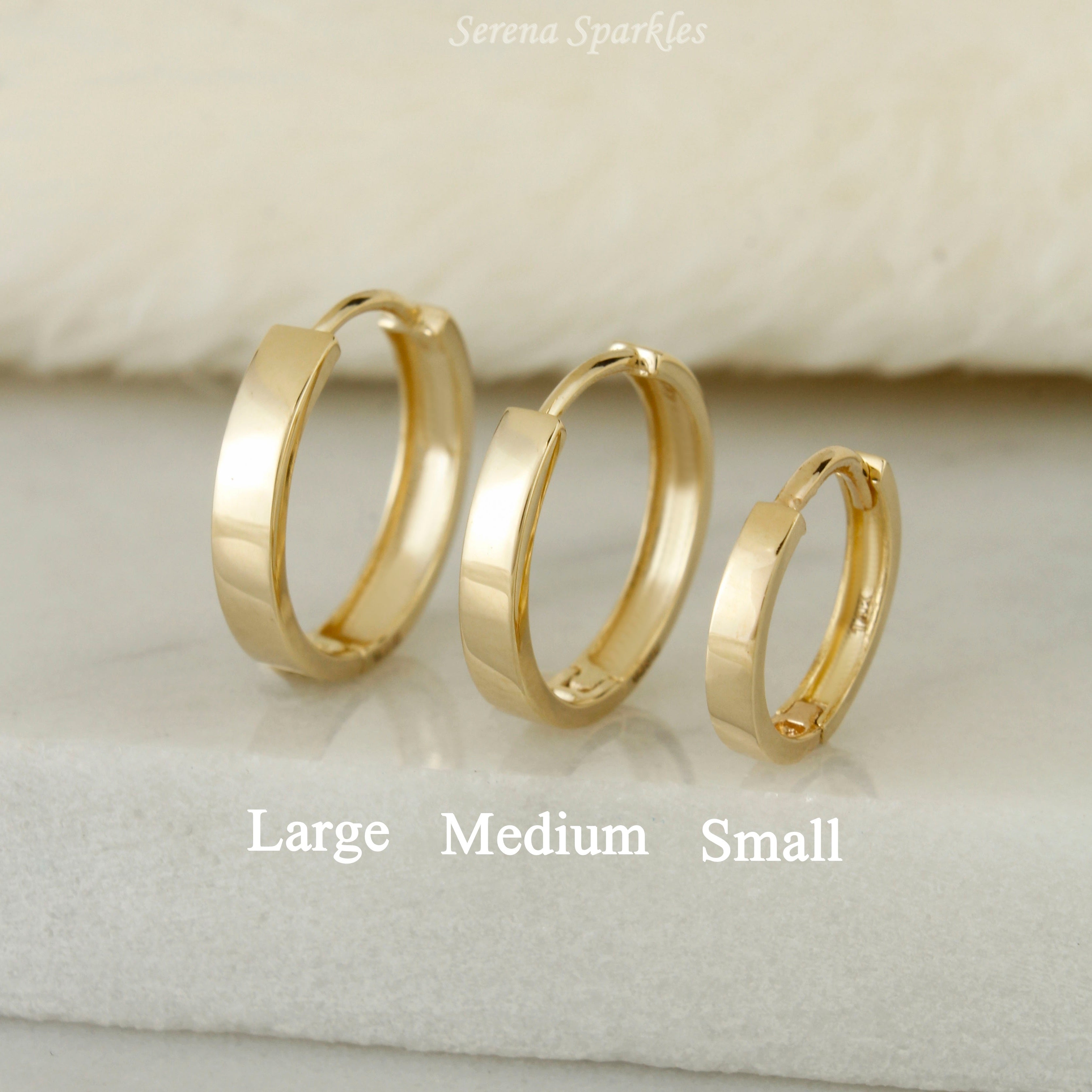 14k Solid Gold Plain Flat Huggie Earrings - Serena Sparkles