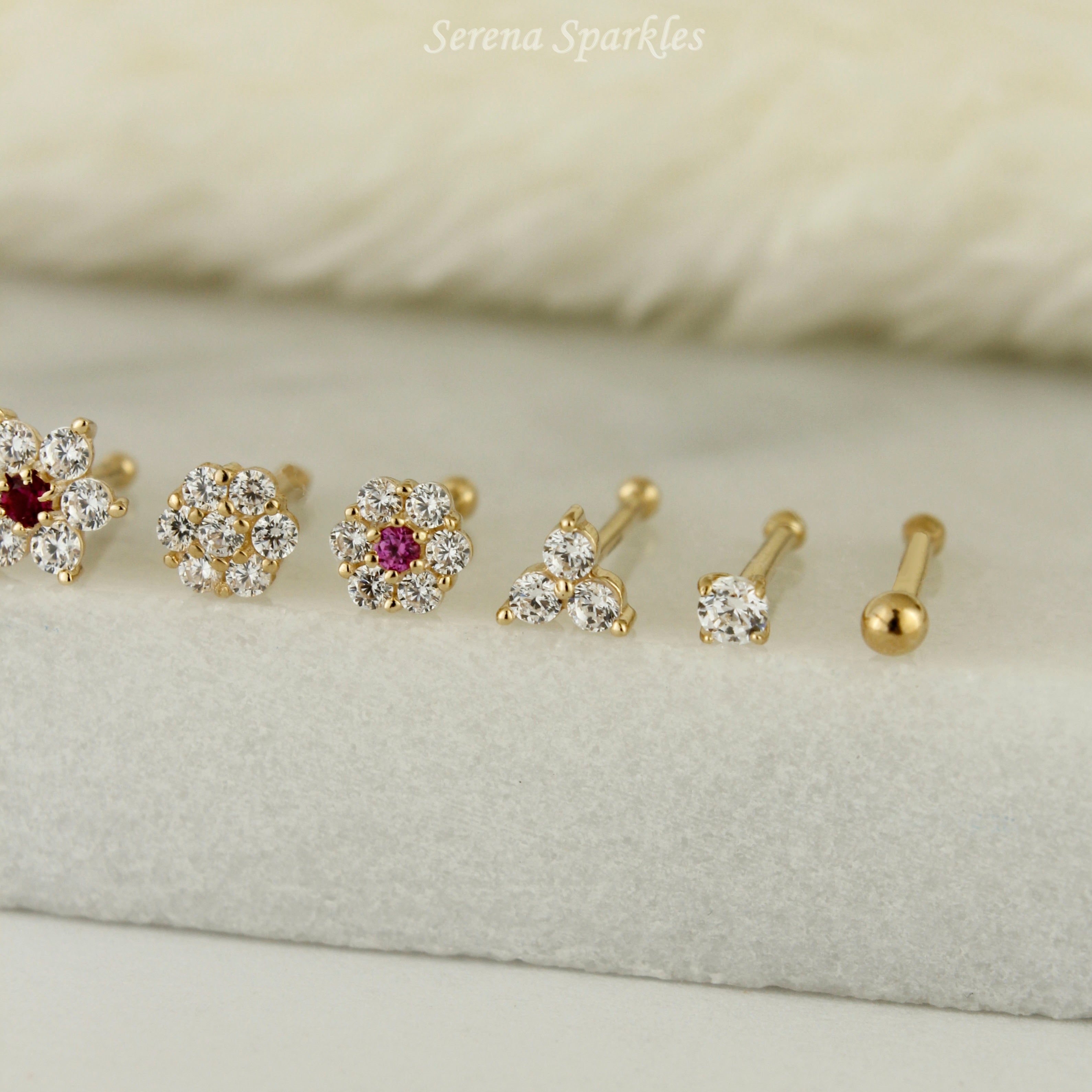 14k Solid Gold 20G Nose Stud - Serena Sparkles