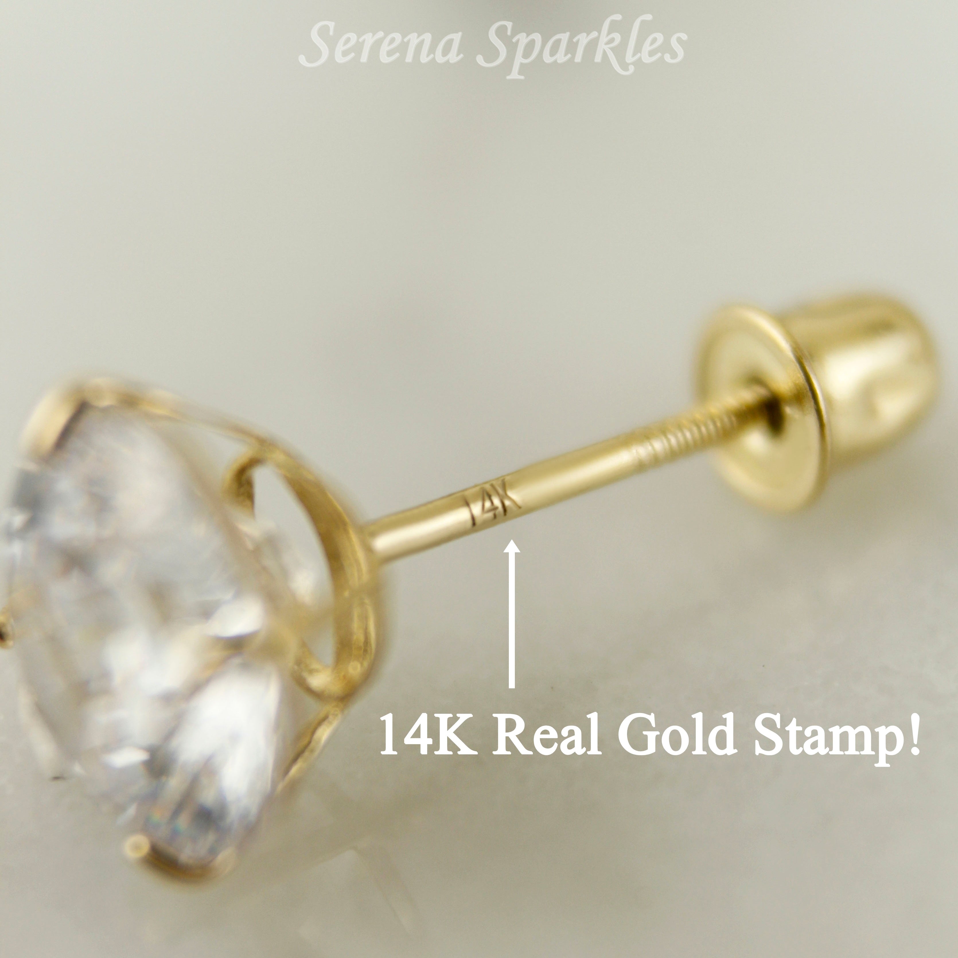 14k Solid Gold CZ Screw Backs Stud Earrings - Serena Sparkles