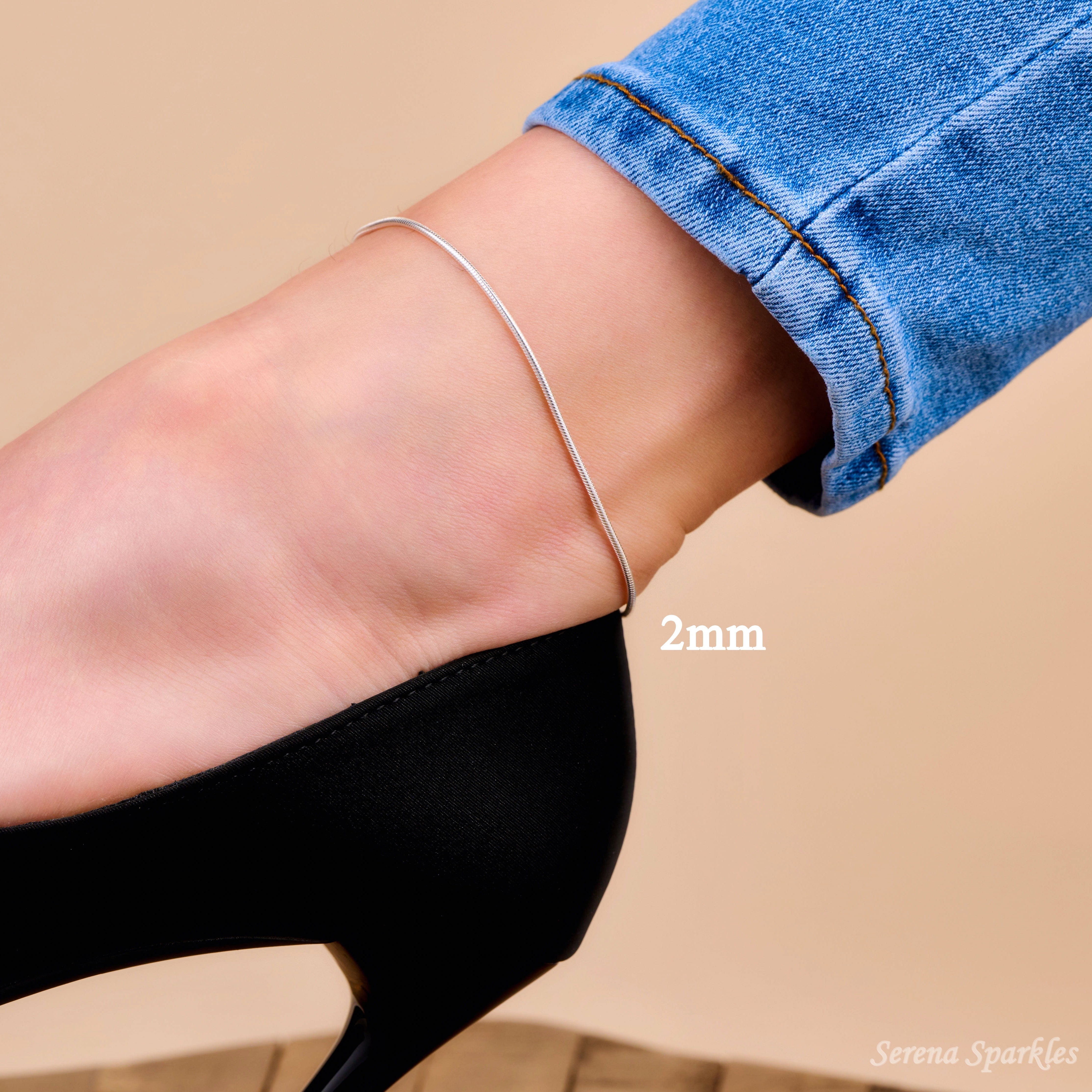 925 Sterling Silver Snake Chain Anklet - Serena Sparkles