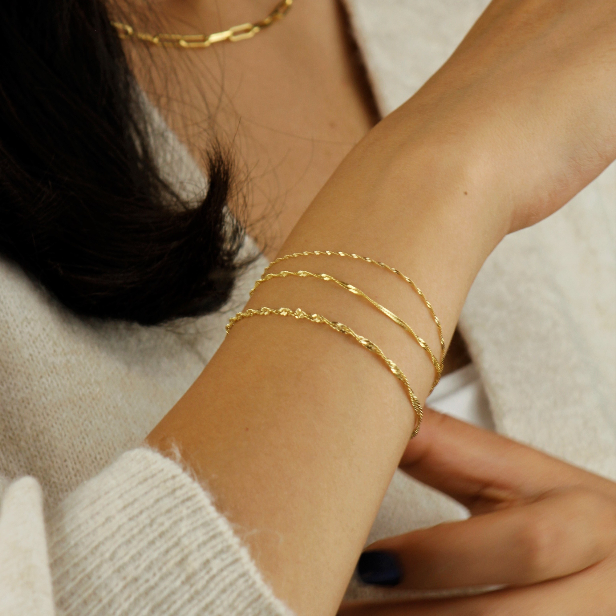 10K Solid Gold Twisted Singapore Chain Bracelet