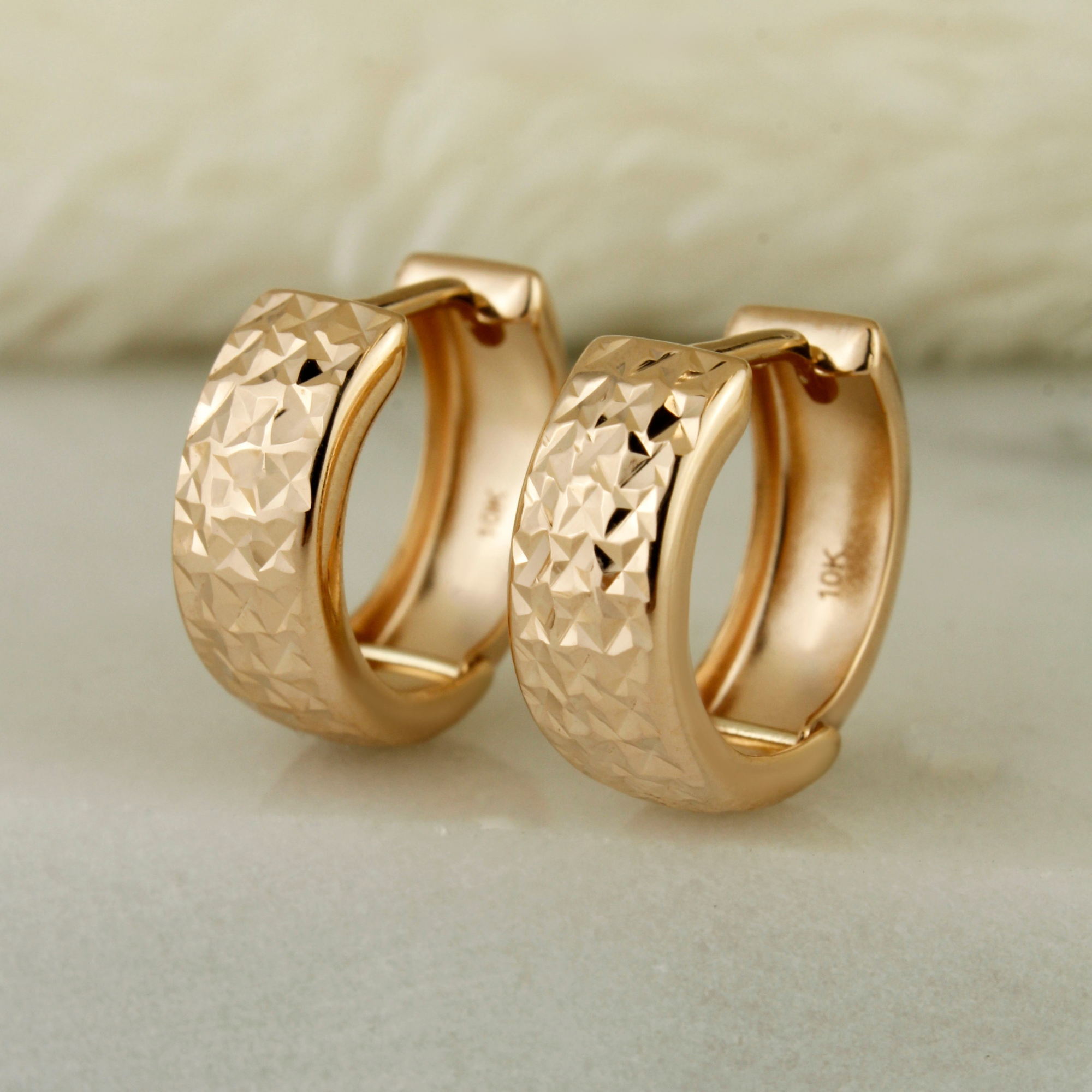 10k Solid Rose Gold Diamond Cut Textured Huggie Earrings - Serena Sparkles