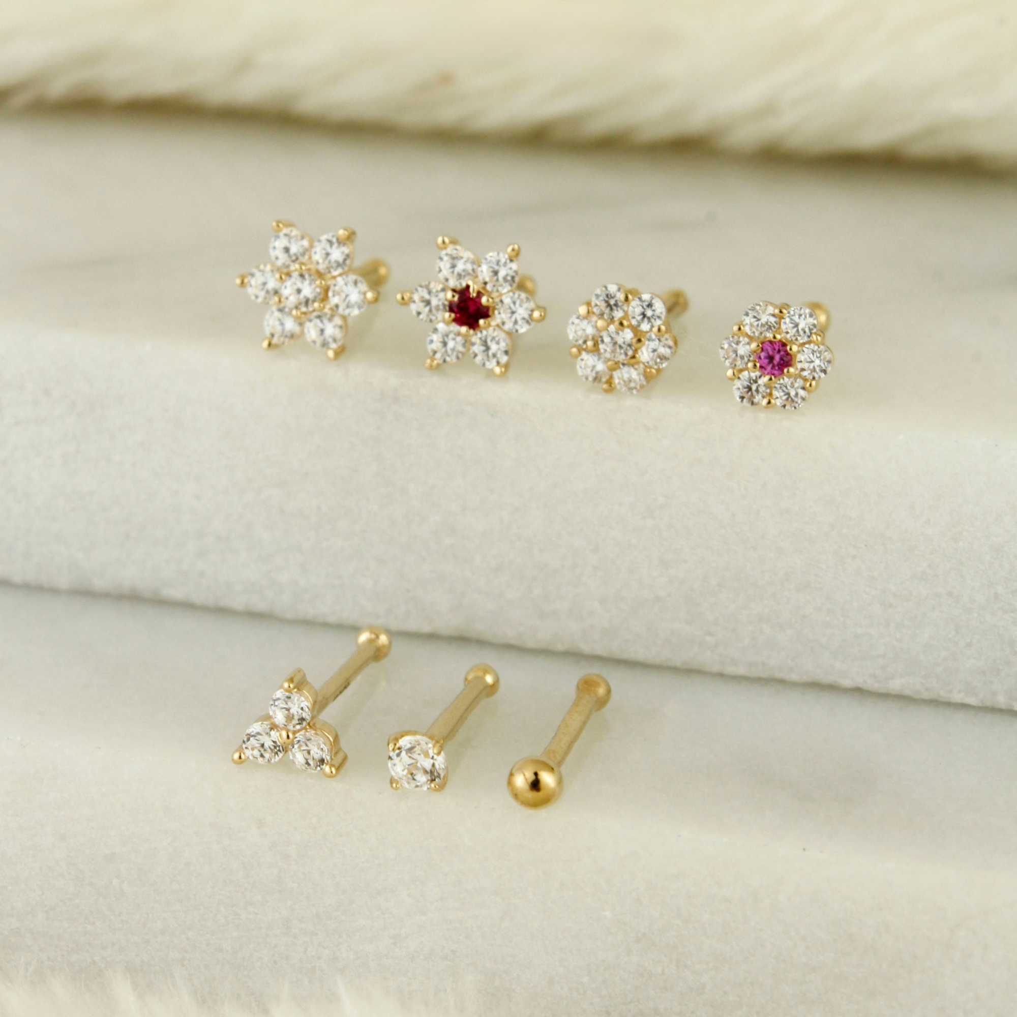 14k Solid Gold 20G Nose Stud - Serena Sparkles