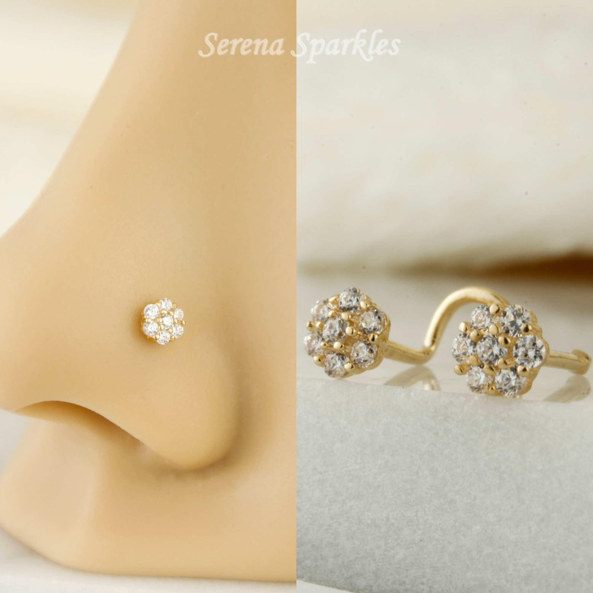 14k Solid Gold Flower Nose Stud - Serena Sparkles