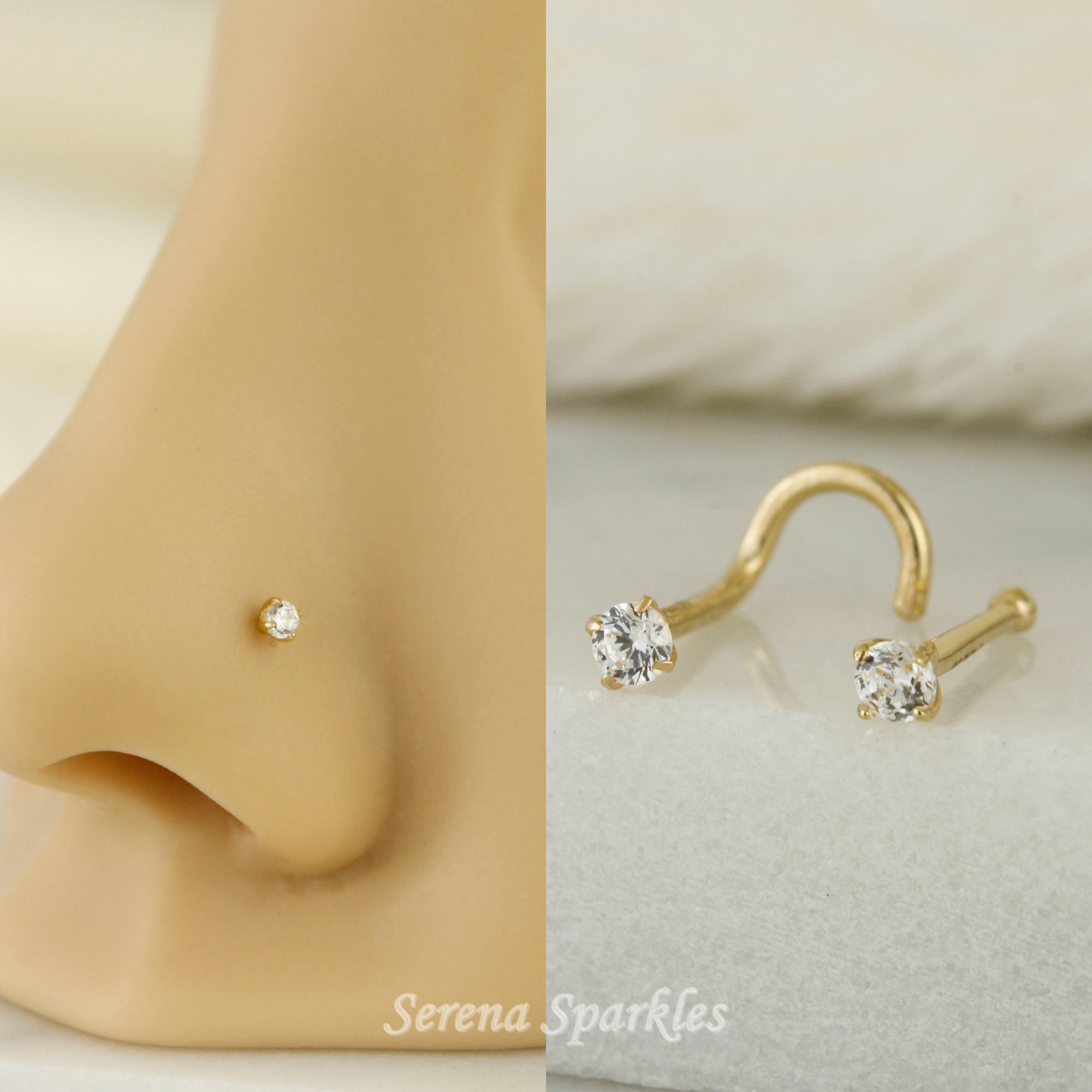 14k Solid Gold CZ Nose Stud - Serena Sparkles