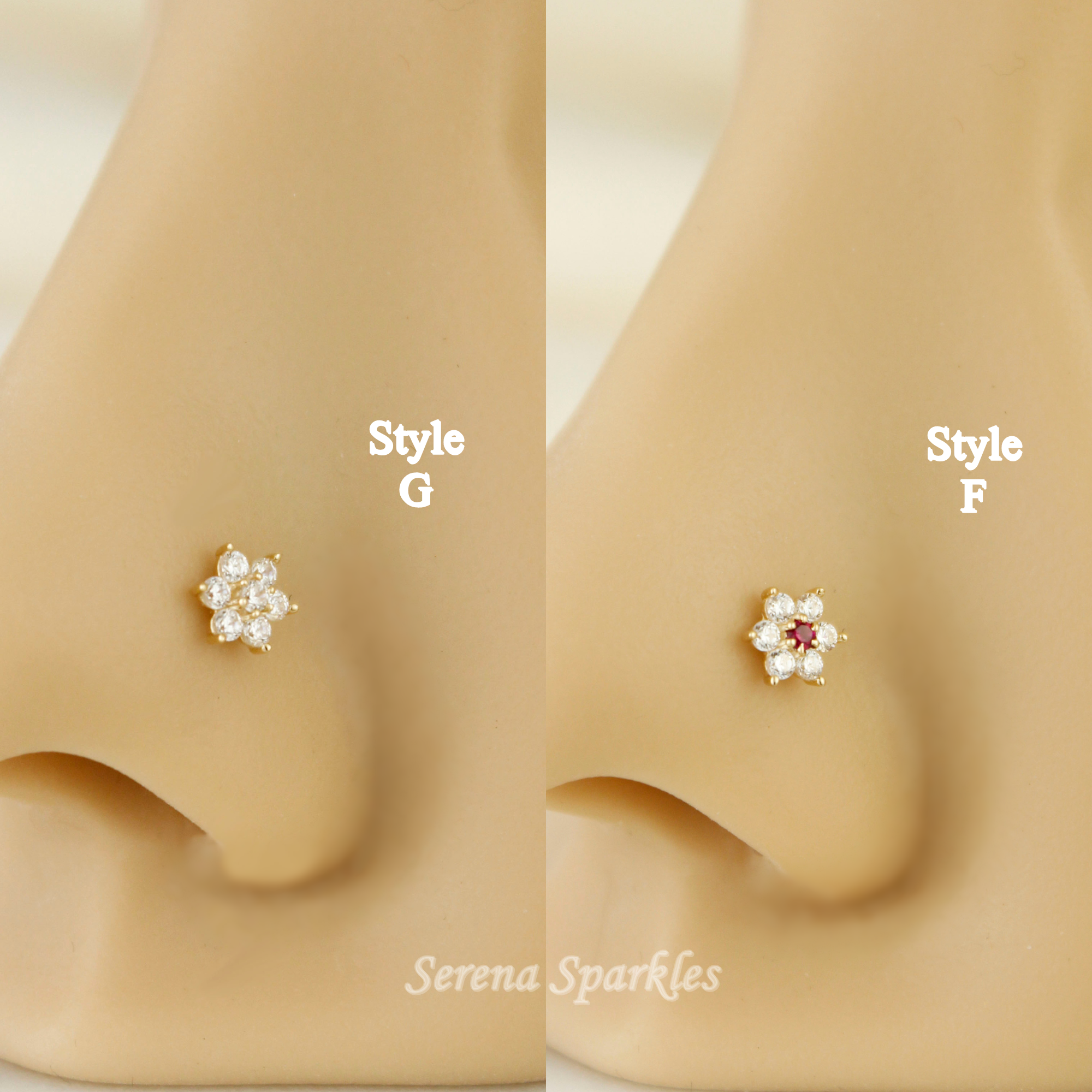 14k Solid Gold 20G Nose Stud - Serena Sparkles