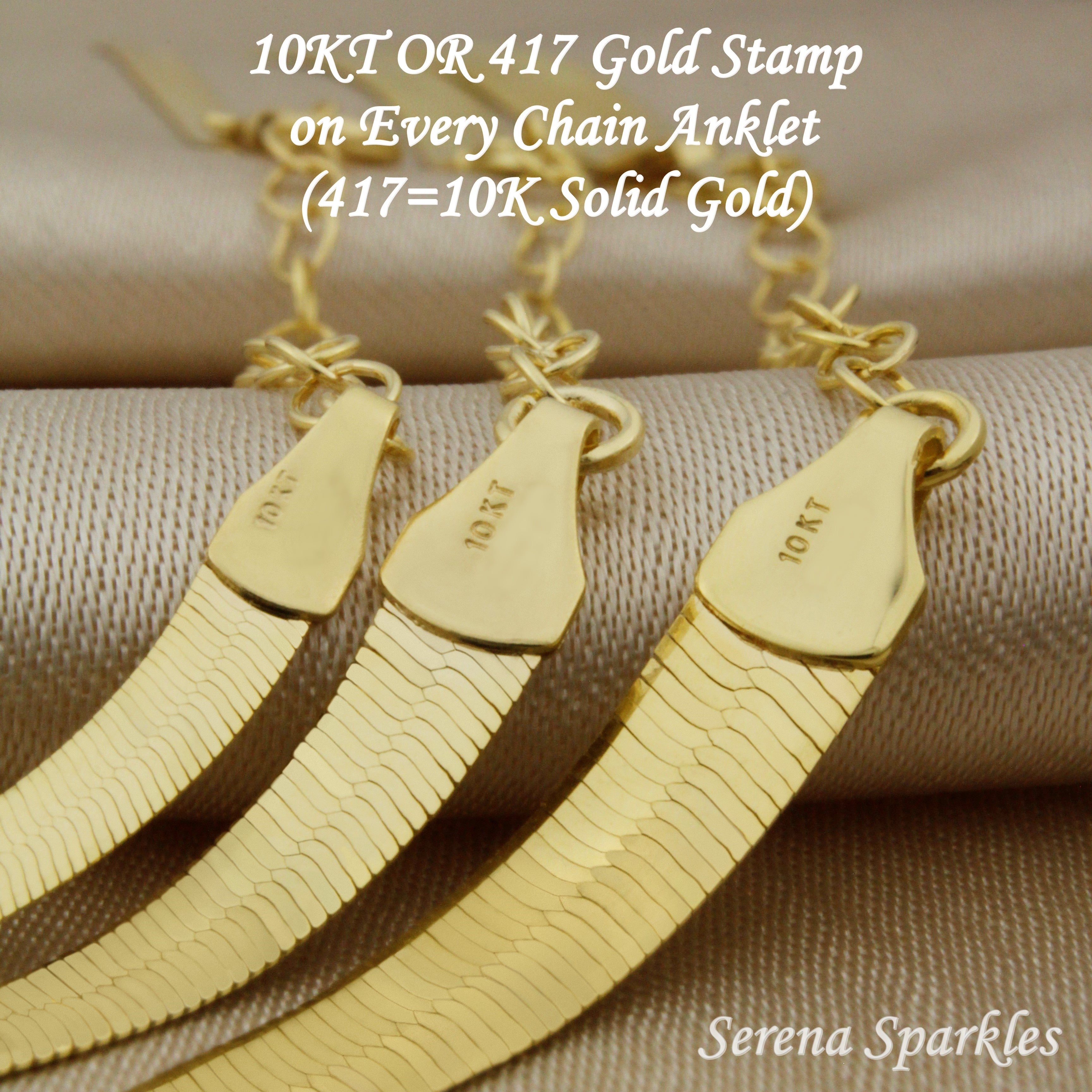 10K Solid Gold Herringbone Chain Anklet - Serena Sparkles