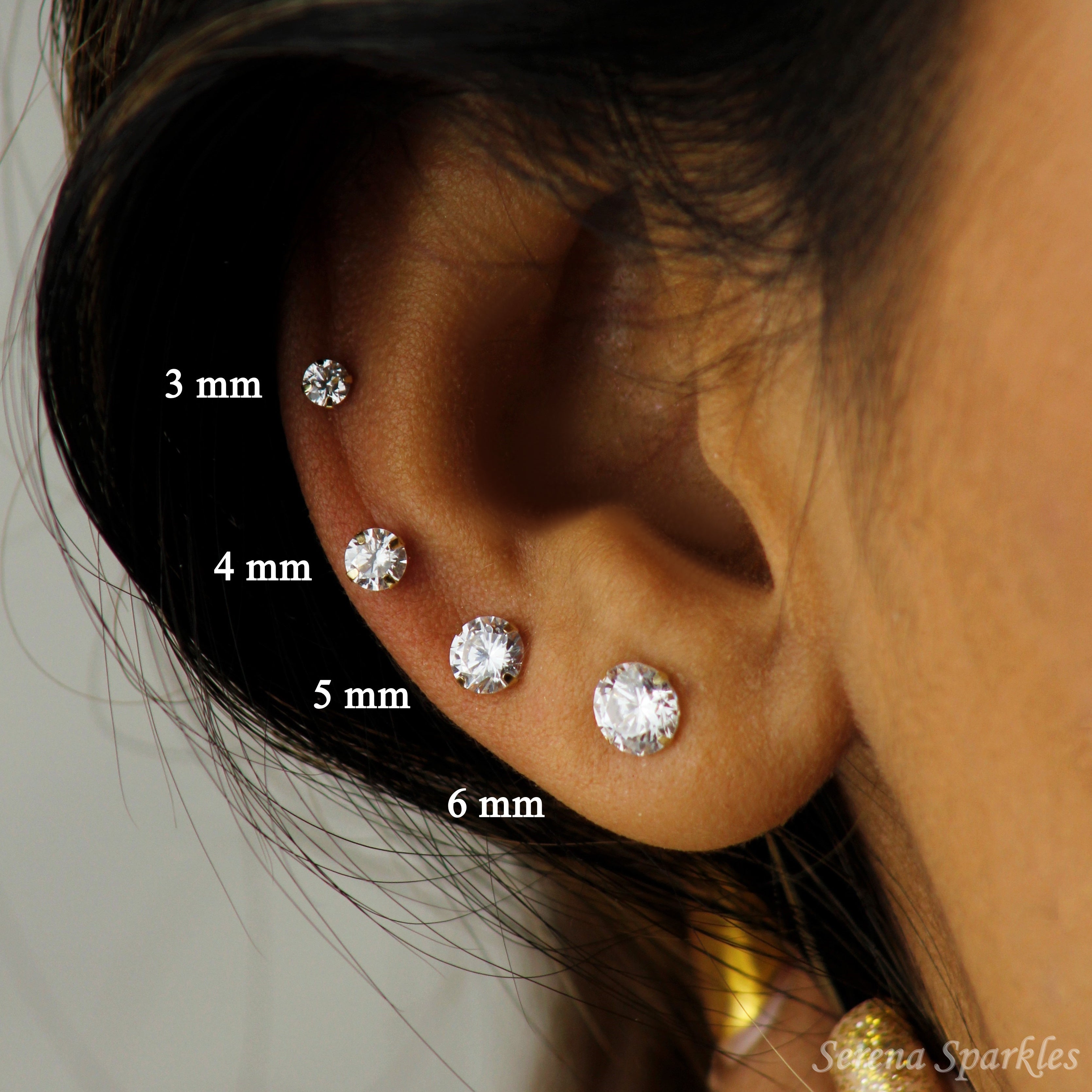 14k Solid Gold CZ Ear Studs Prong Set - Push Backs - Serena Sparkles