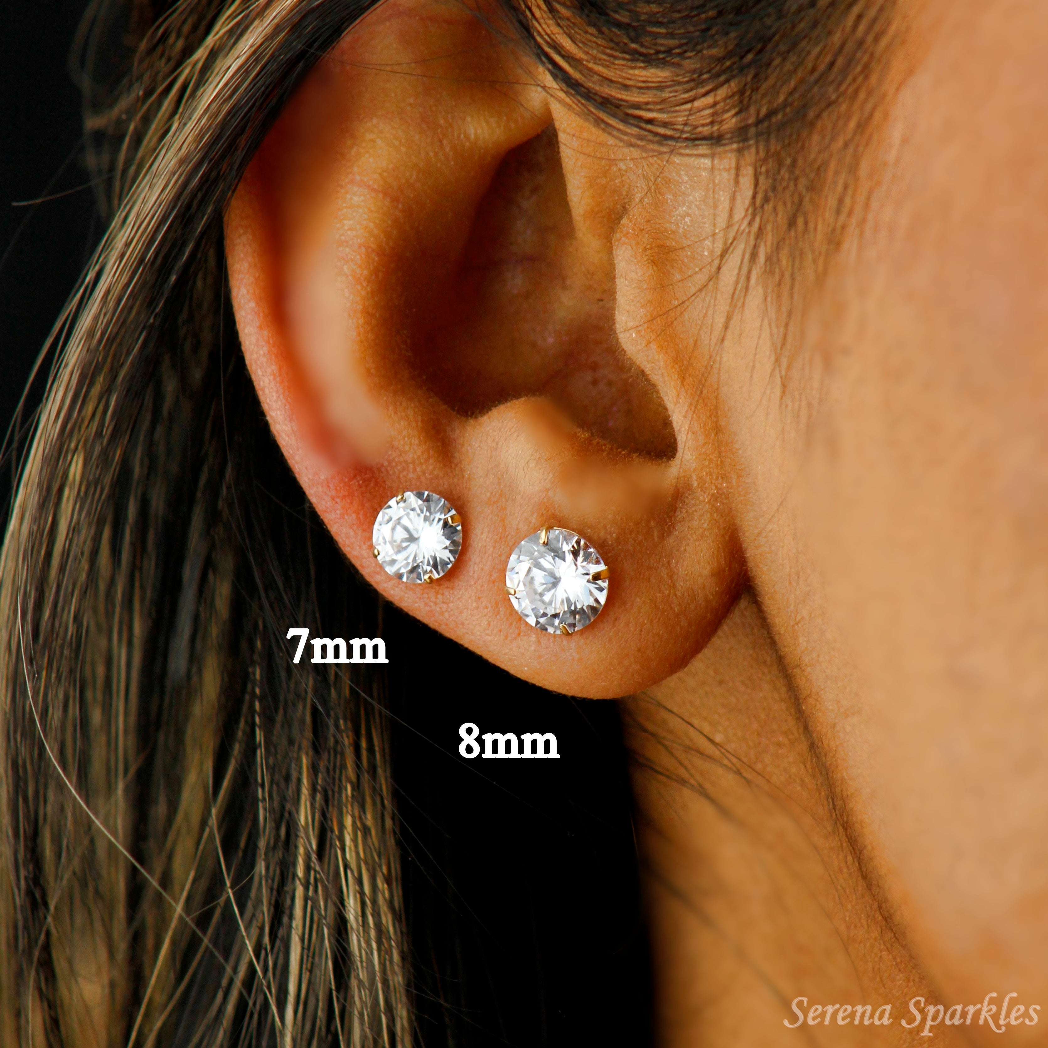 14k Solid Gold CZ Ear Studs (Basket Setting - Push Backs) - Serena Sparkles