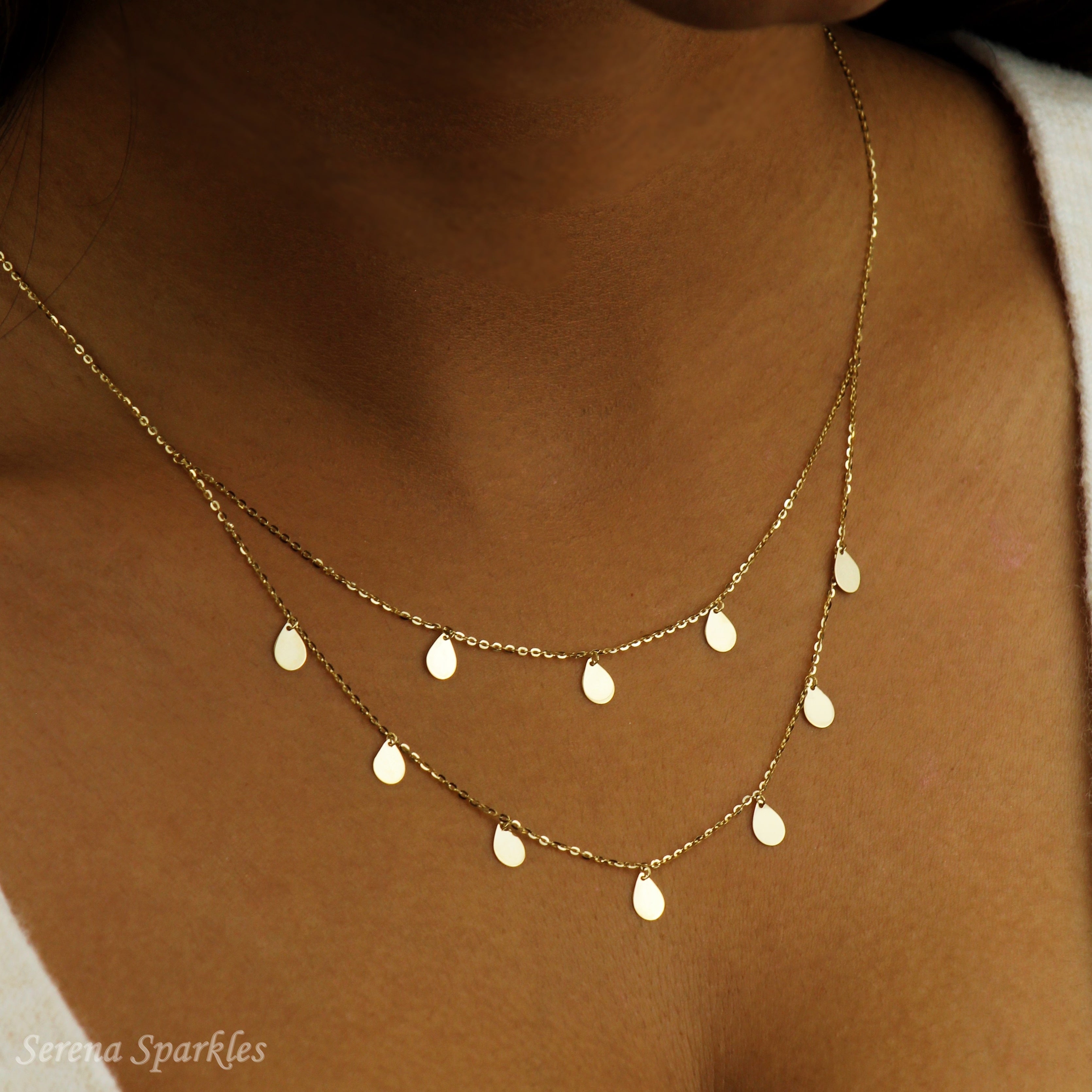 10K Solid Gold Drop Disc Necklace - Serena Sparkles