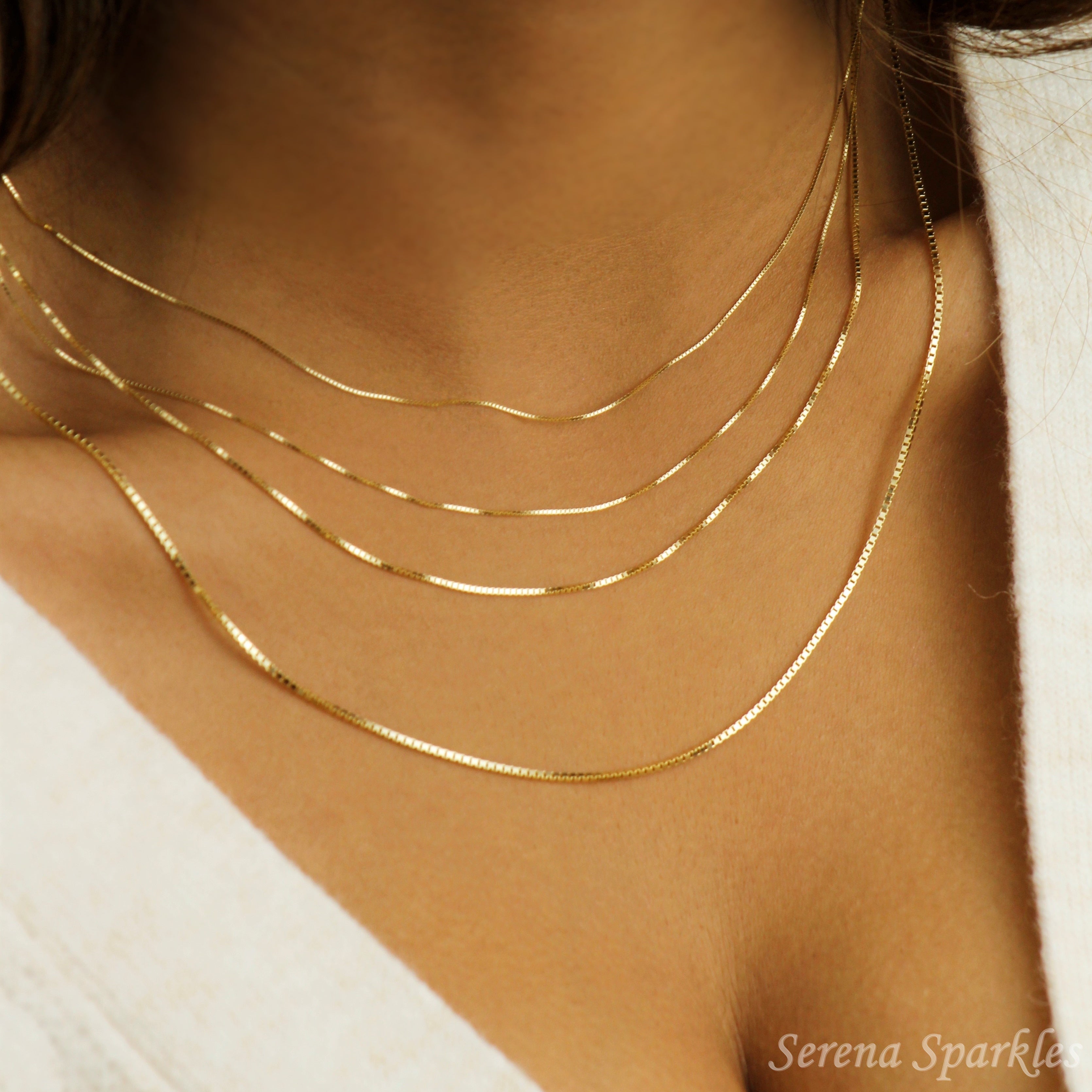 10k Solid Gold Box Chain Necklace - Serena Sparkles