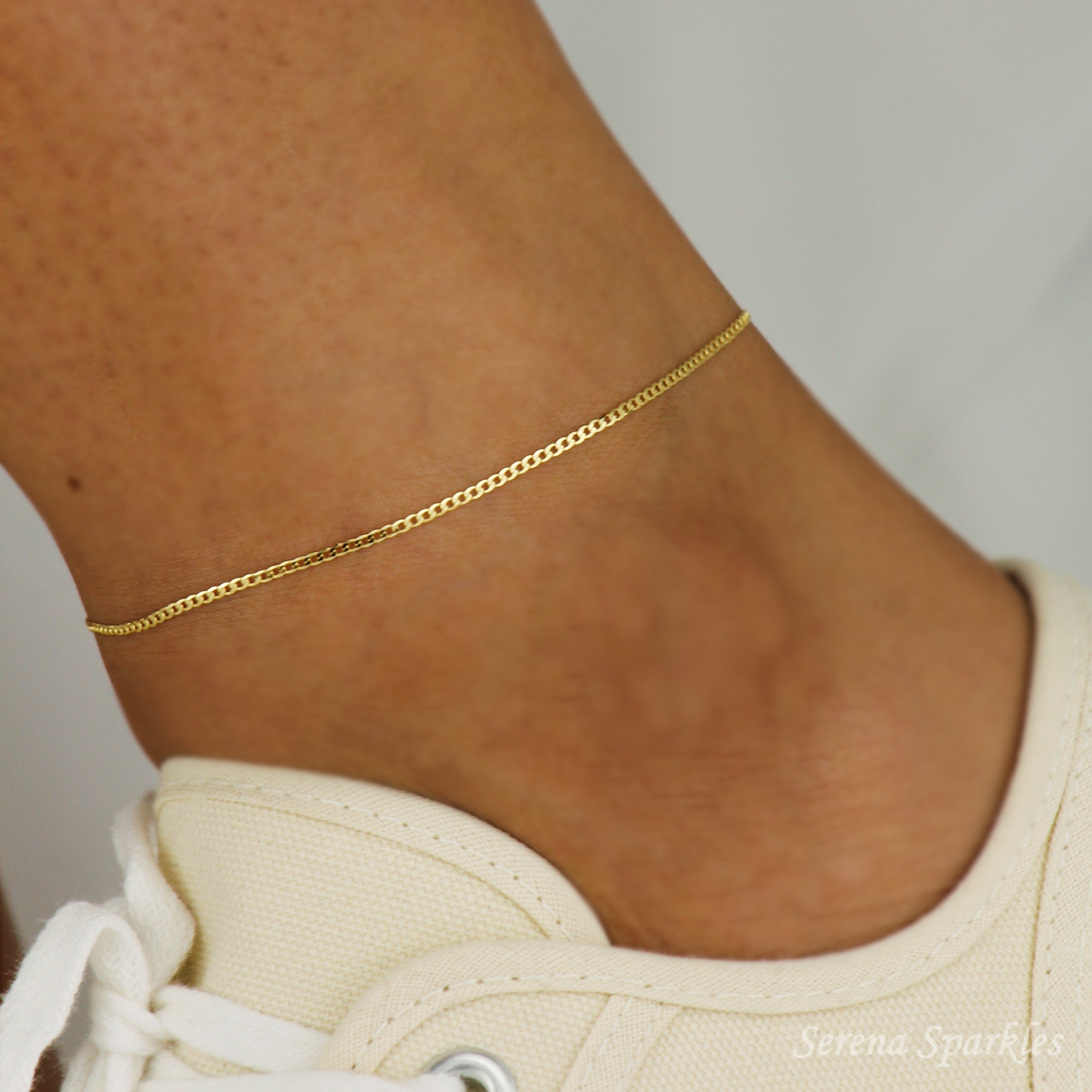 10k Solid Gold Curb Chain Anklet - Serena Sparkles