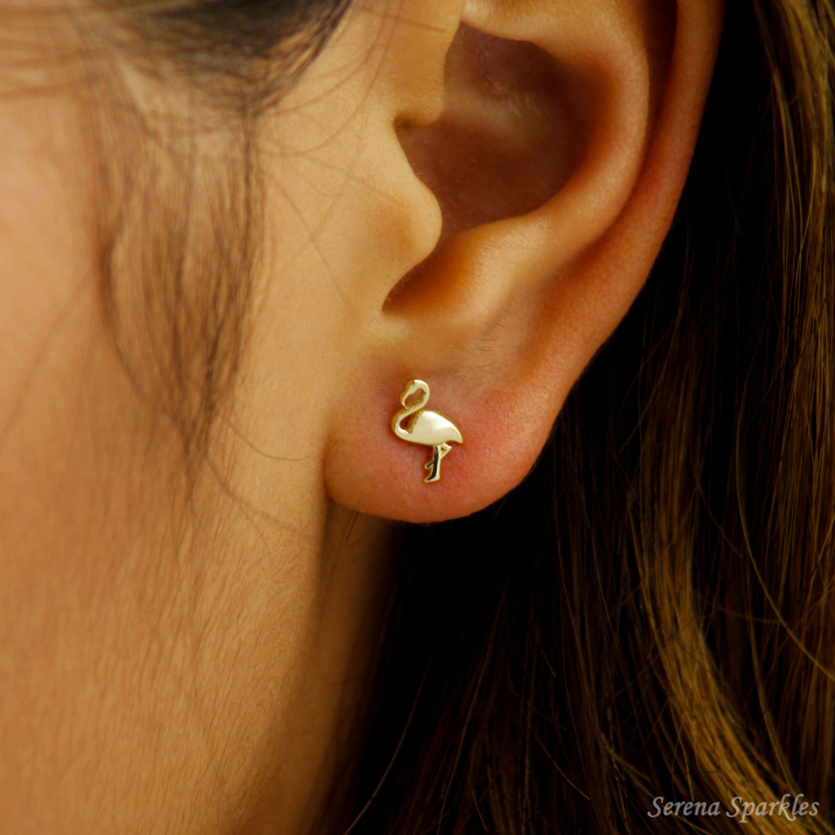 10k Solid Gold Dainty Falmingo Ear Studs - Serena Sparkles