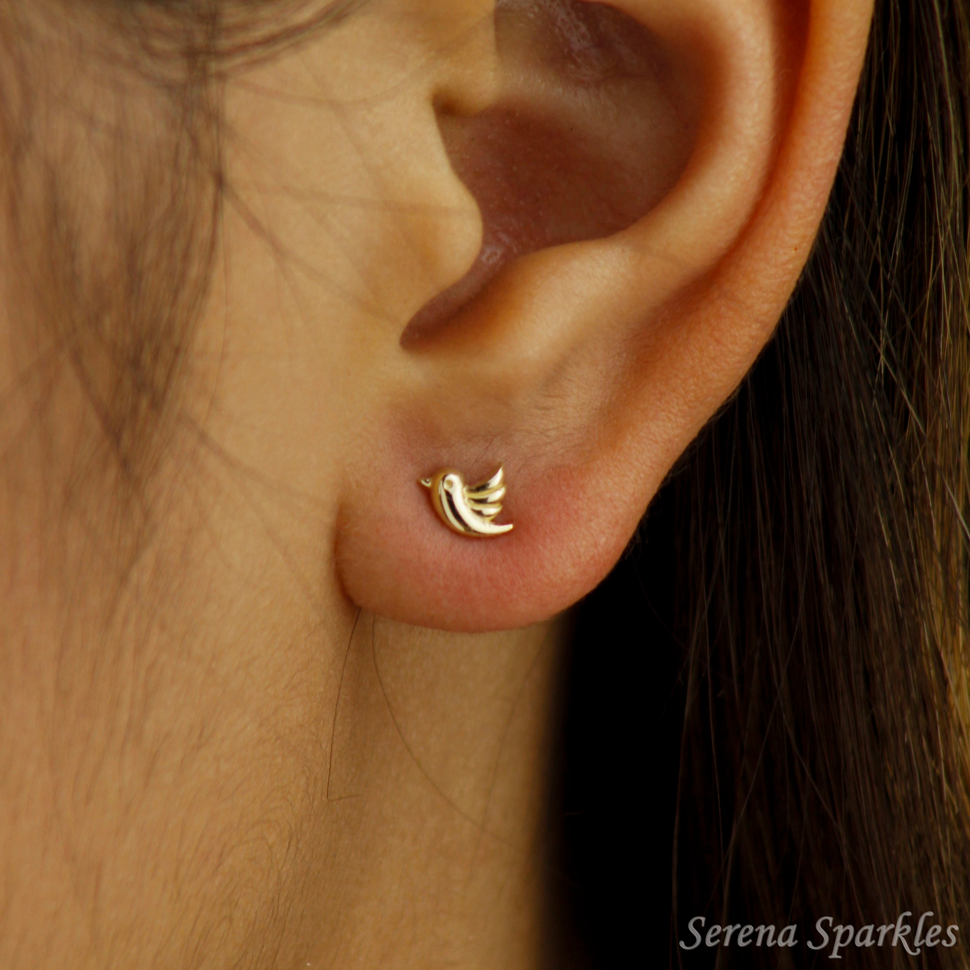 10k Solid Gold Bird Ear Stud Earrings - Serena Sparkles