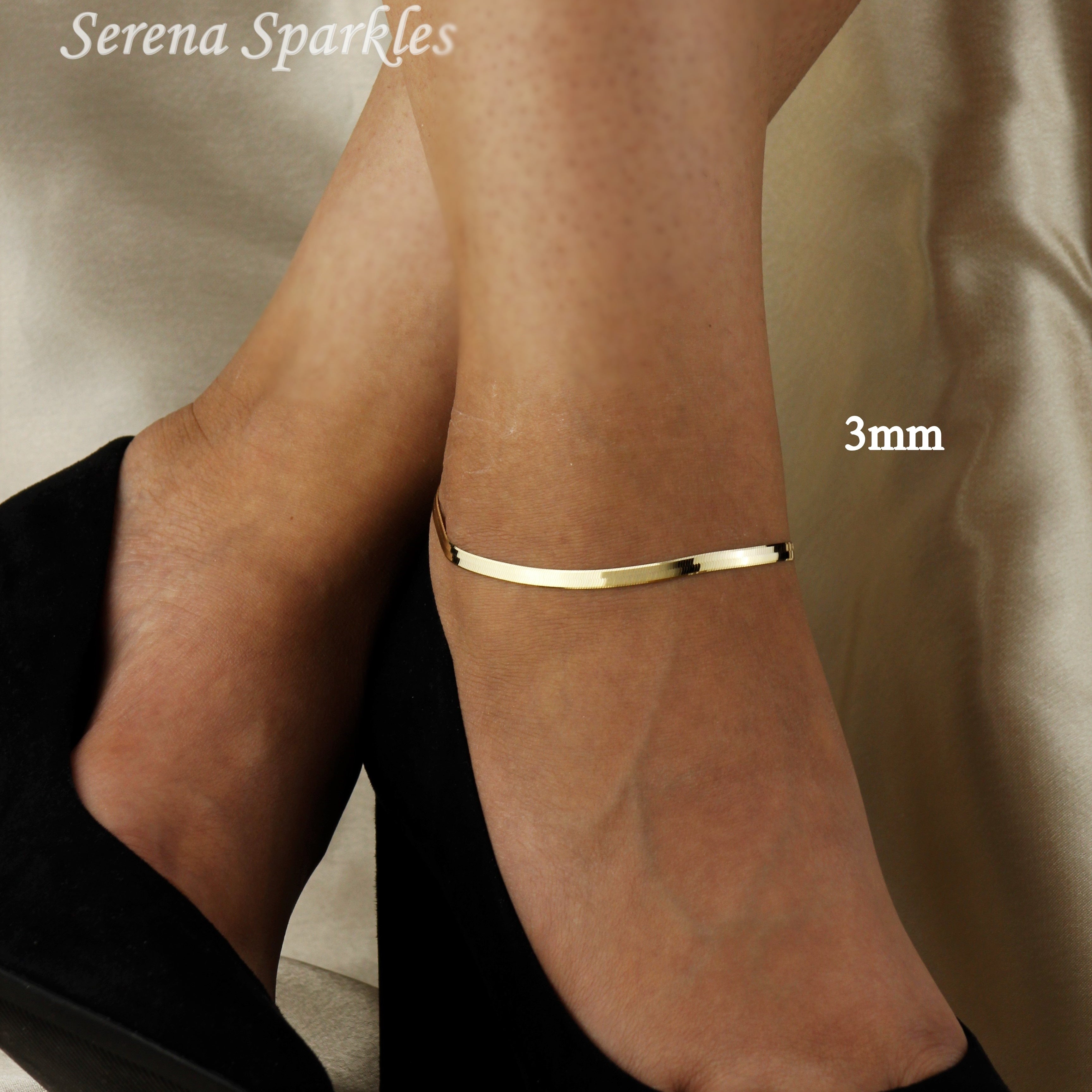 10K Solid Gold Herringbone Chain Anklet - Serena Sparkles