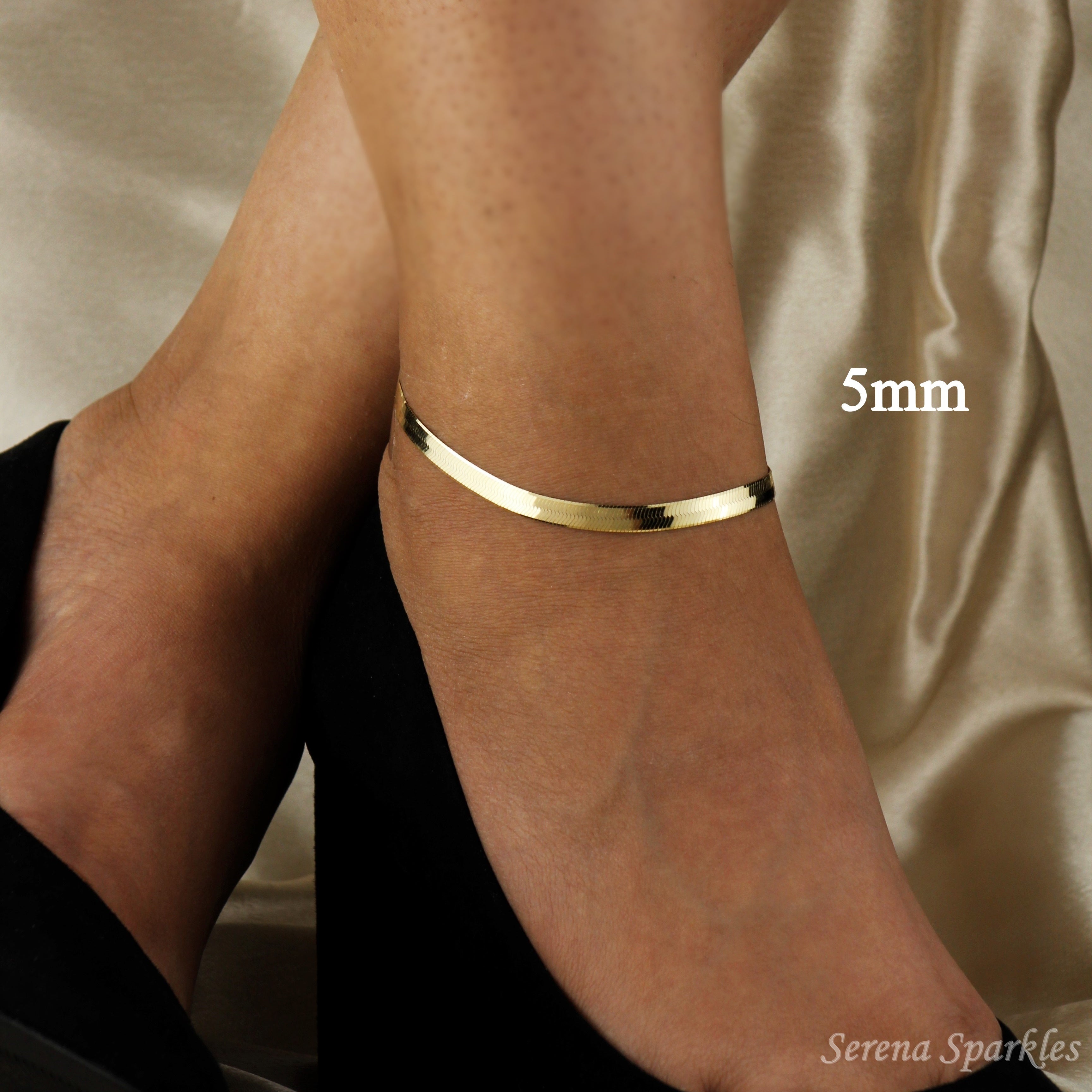 10K Solid Gold Herringbone Chain Anklet - Serena Sparkles