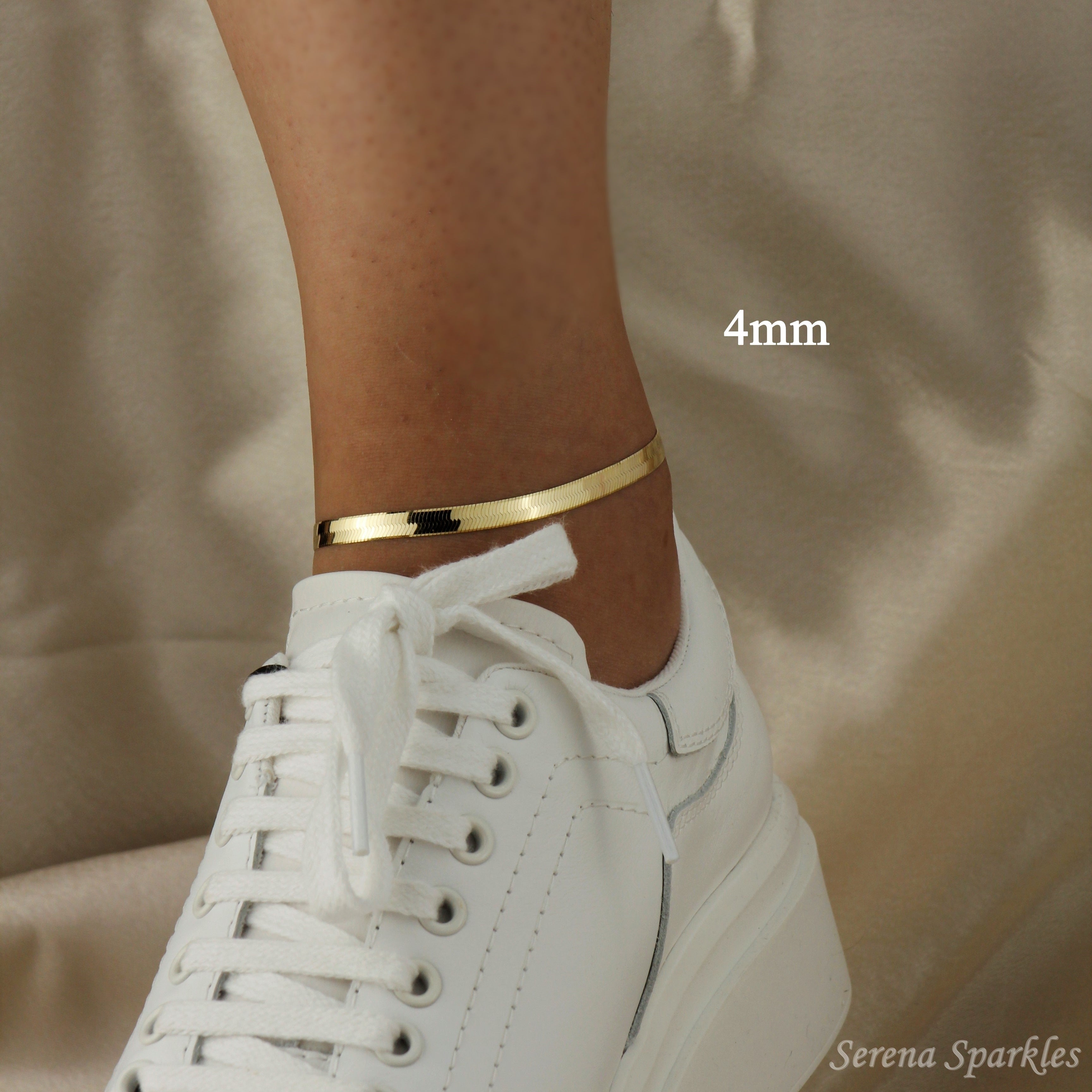 10K Solid Gold Herringbone Chain Anklet - Serena Sparkles