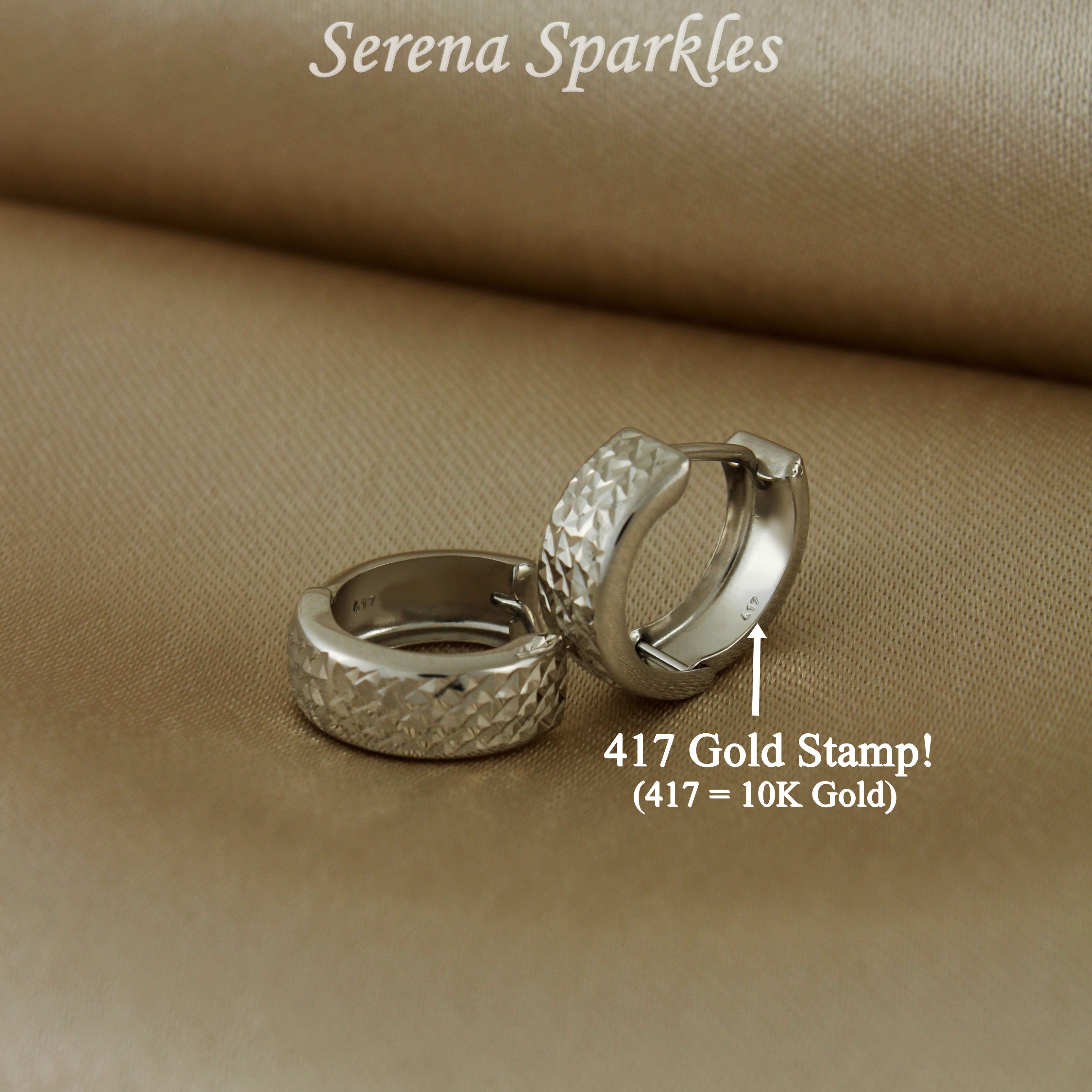 10k Solid White Gold Diamond Cut Textured Huggie Earrings - Serena Sparkles