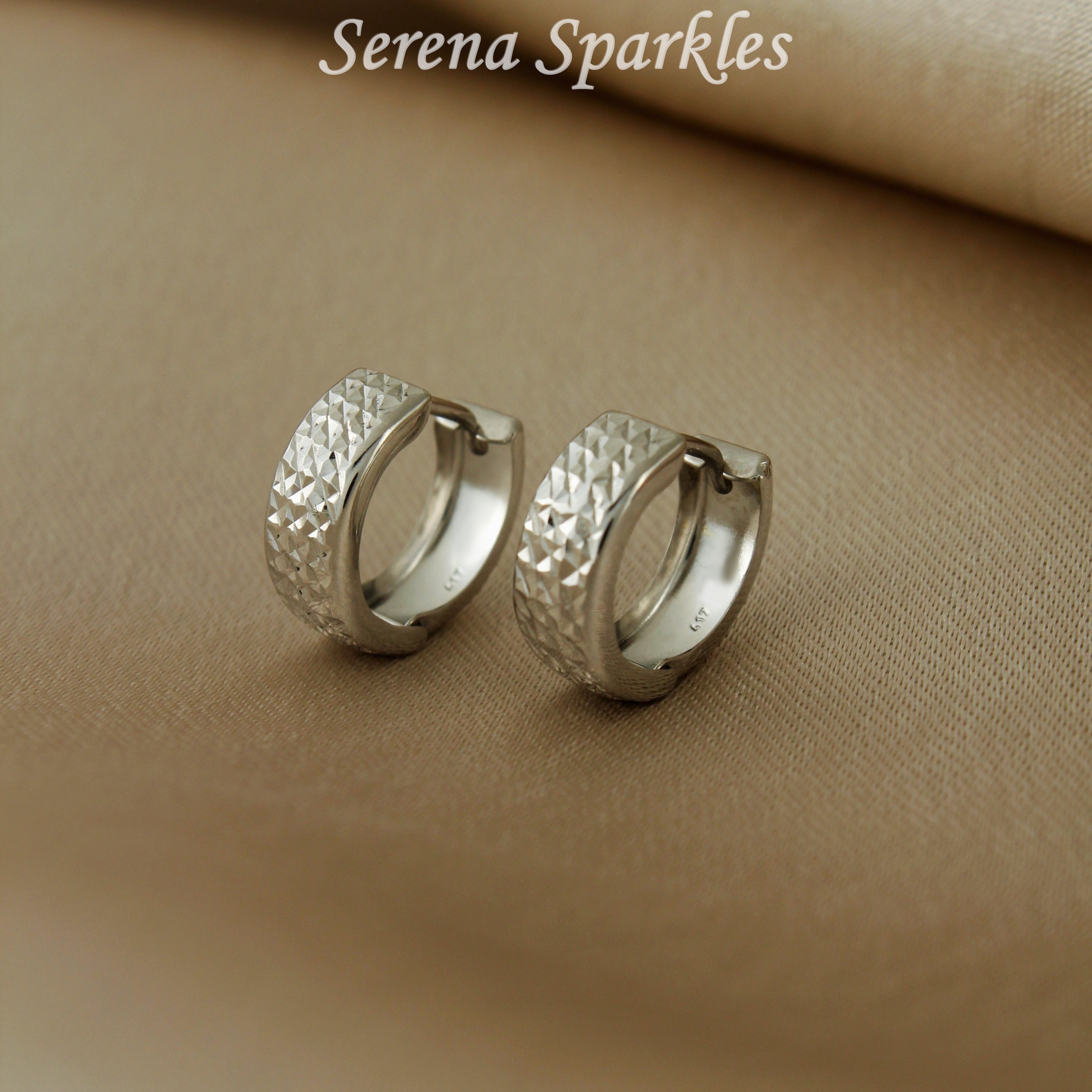 10k Solid White Gold Diamond Cut Textured Huggie Earrings - Serena Sparkles