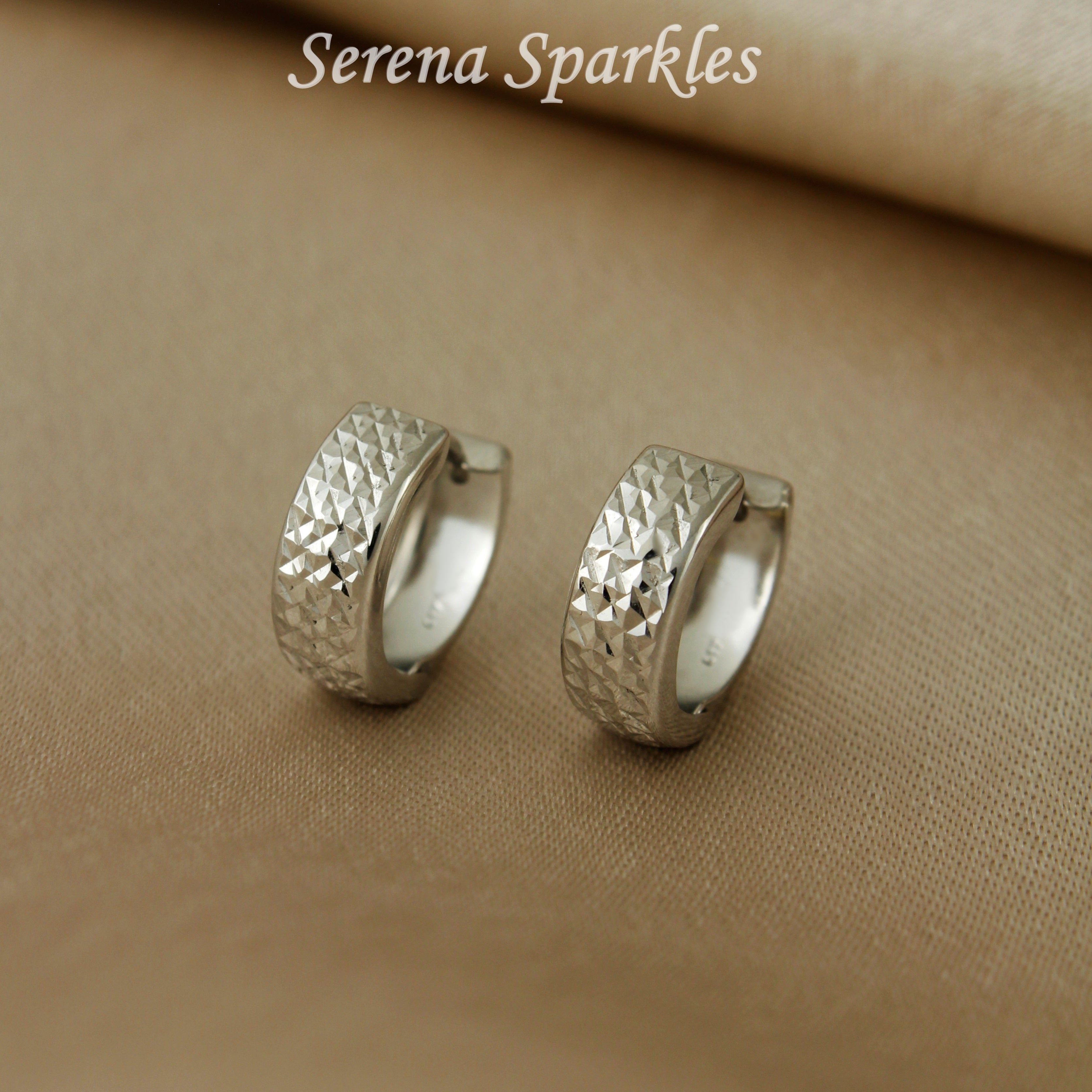 10k Solid White Gold Diamond Cut Textured Huggie Earrings - Serena Sparkles