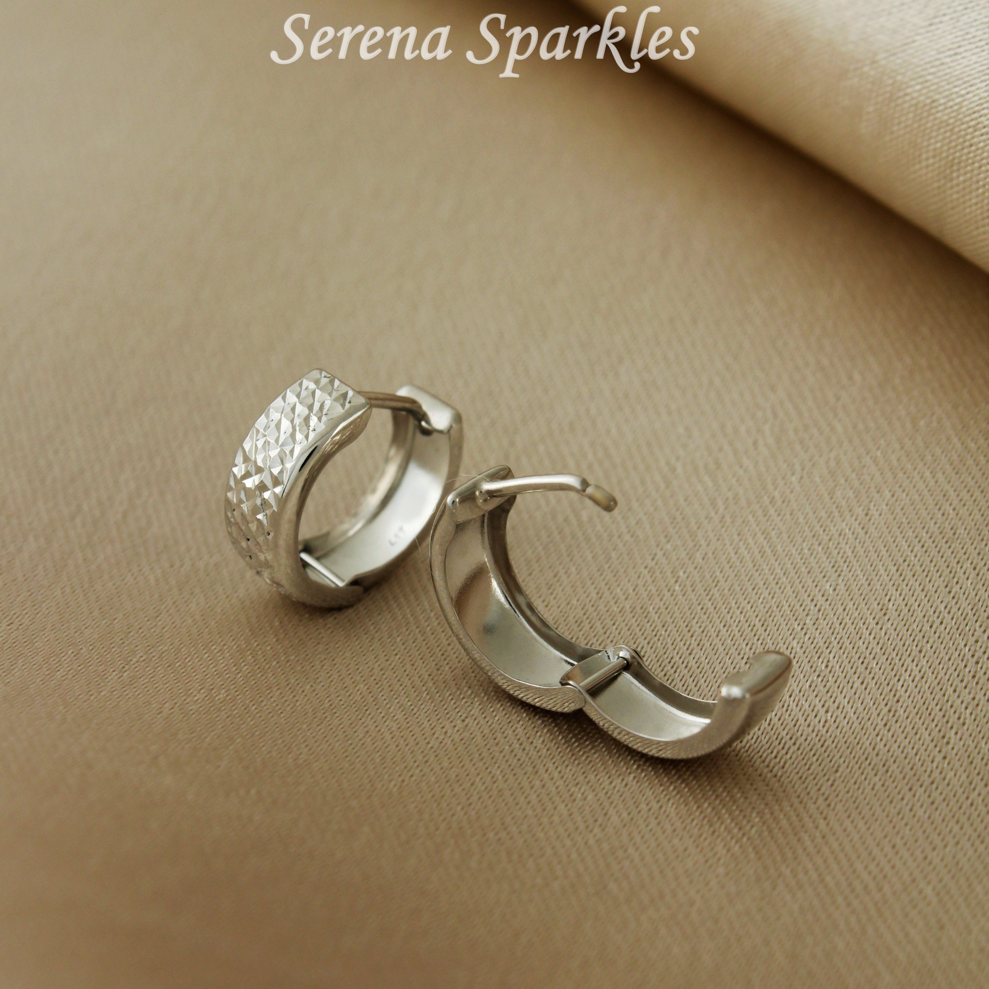 10k Solid White Gold Diamond Cut Textured Huggie Earrings - Serena Sparkles