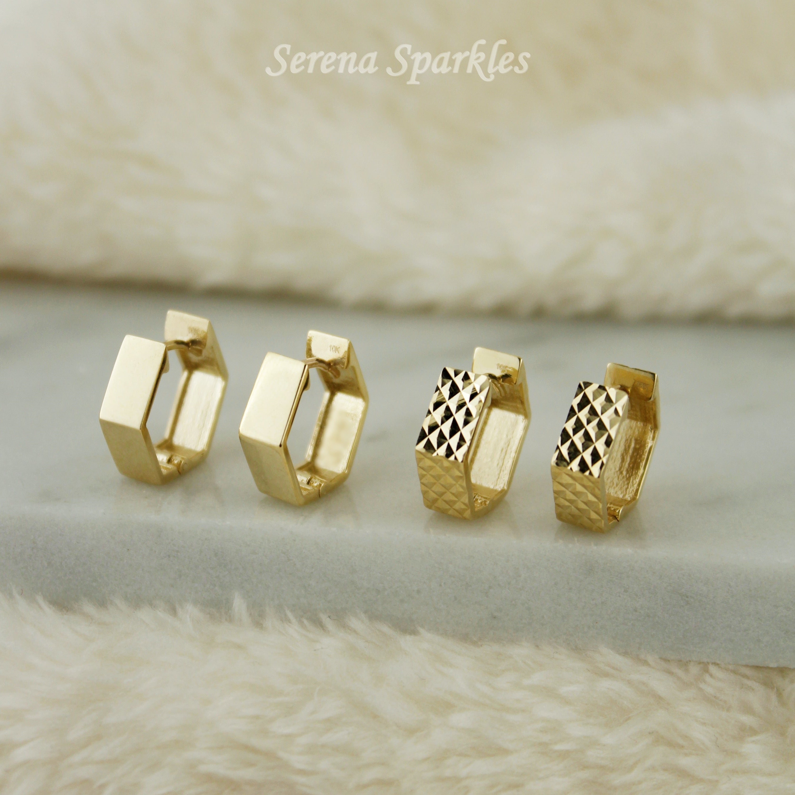 10k Solid Gold Hexagon Shape Huggie Hoop Earrings - Serena Sparkles