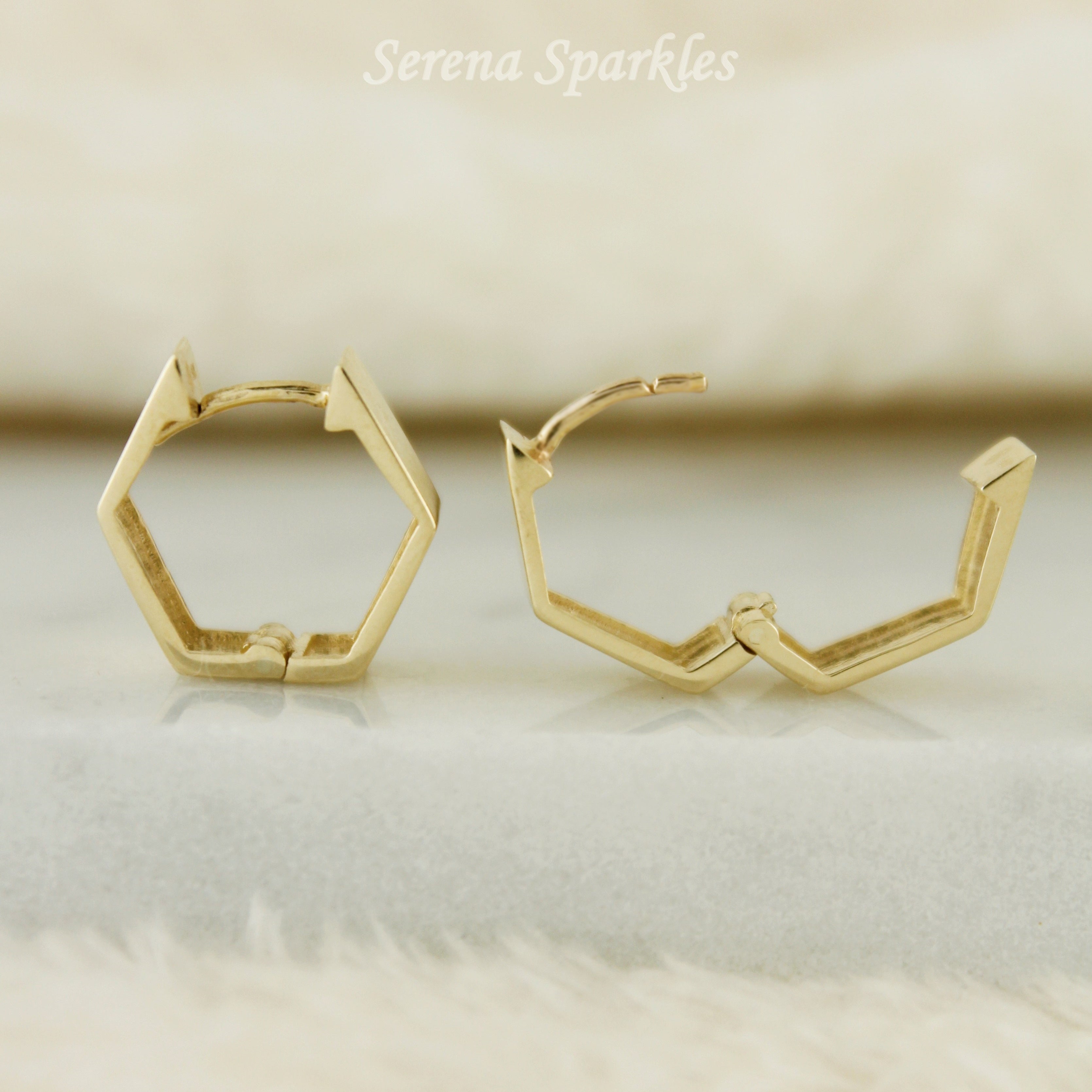 10k Solid Gold Hexagon Shape Huggie Hoop Earrings - Serena Sparkles