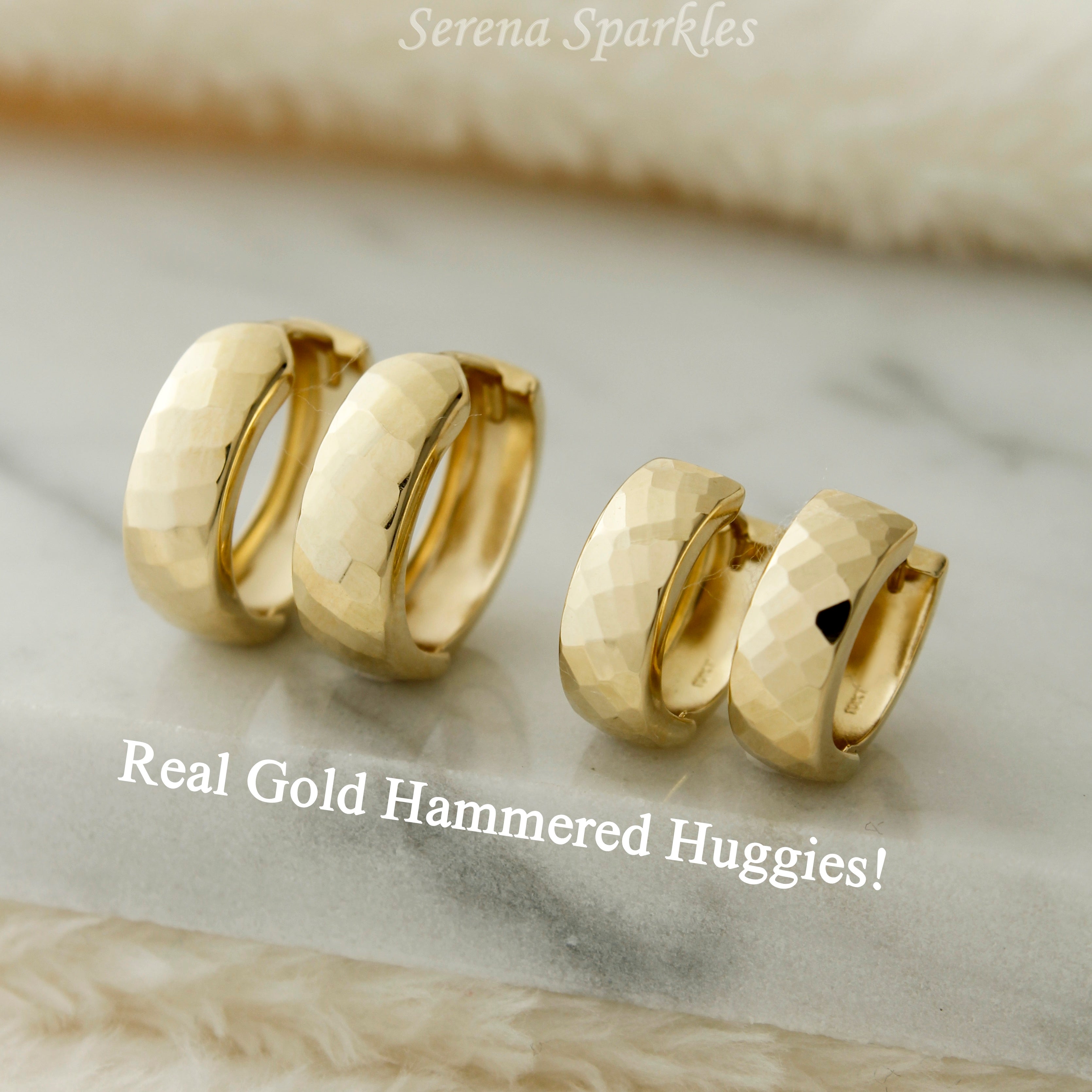 10k Solid Gold Hammered Huggie Earrings - Serena Sparkles