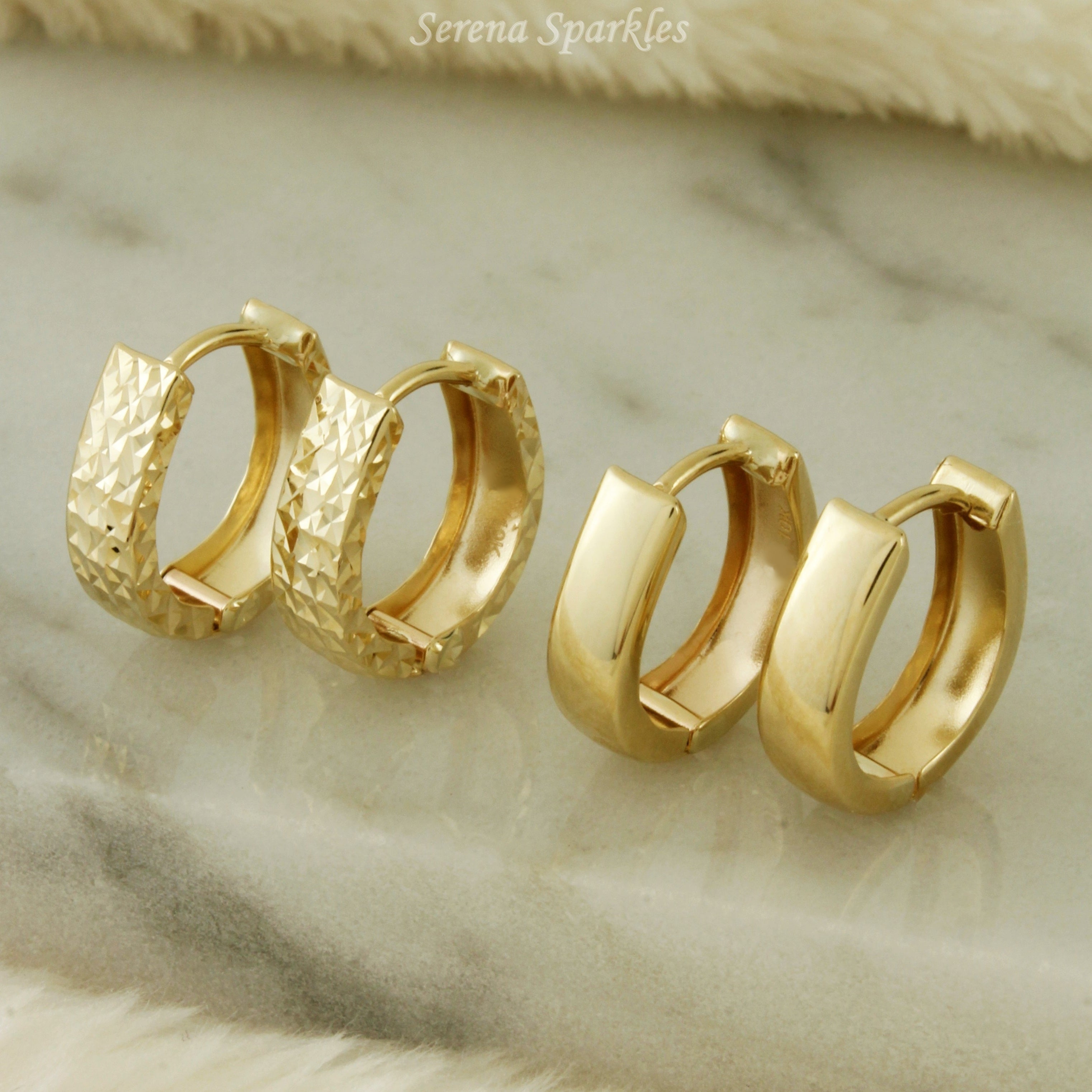 10k Solid Gold Diamond Cut Textured Oval Huggie Hoop Earrings - Serena Sparkles