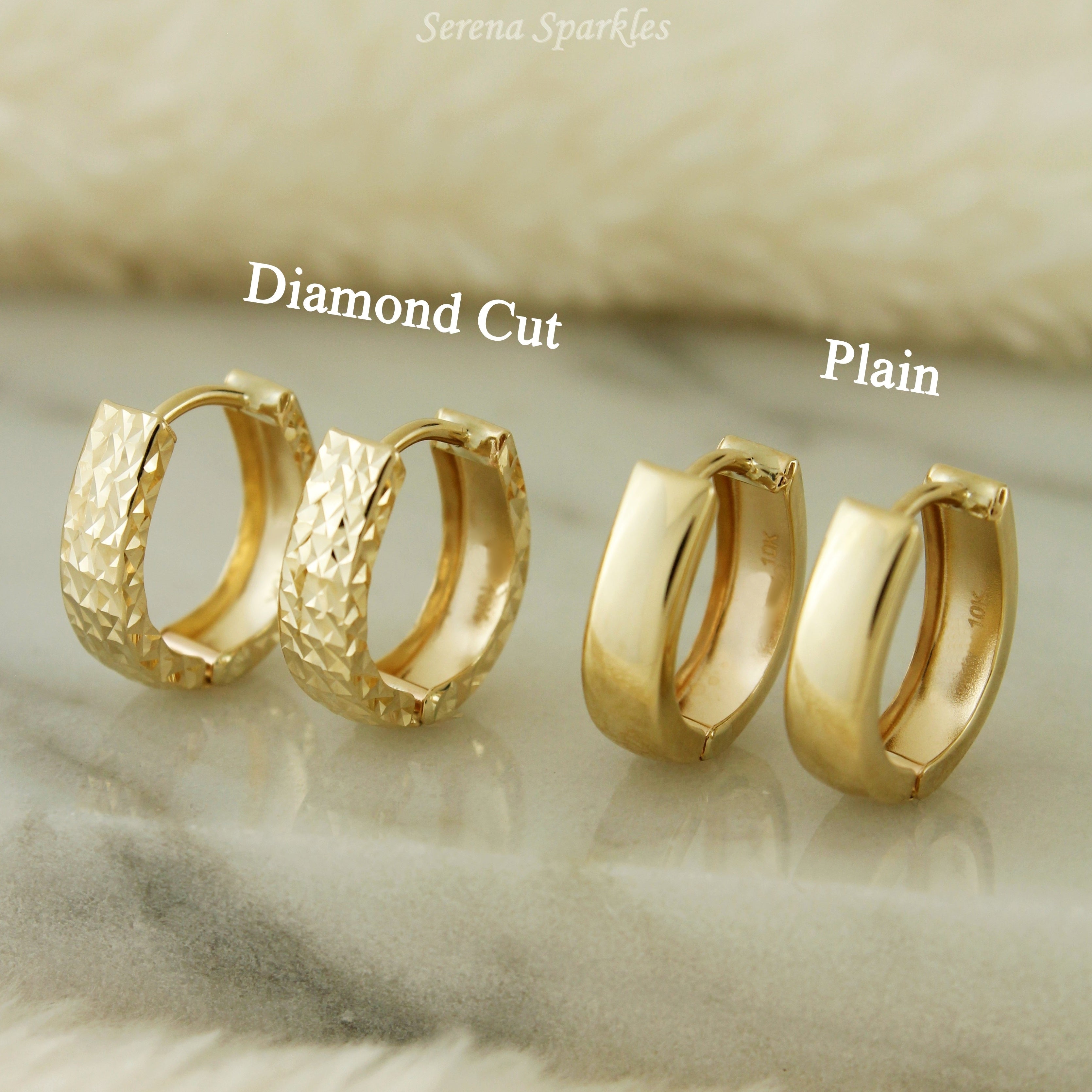 10k Solid Gold Diamond Cut Textured Oval Huggie Hoop Earrings - Serena Sparkles