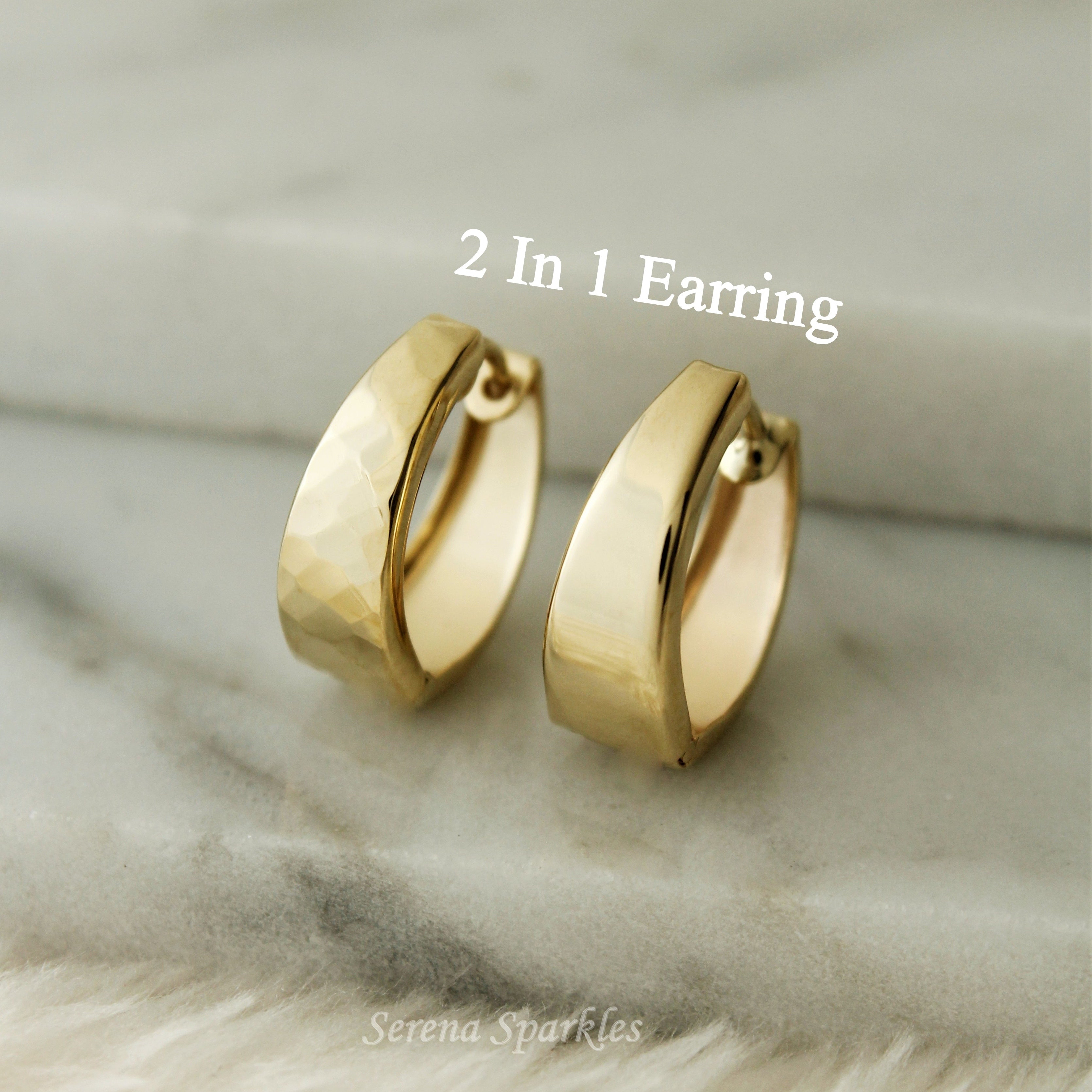 10k Solid Gold 2 in 1 Hammered Huggie Earrings - Serena Sparkles