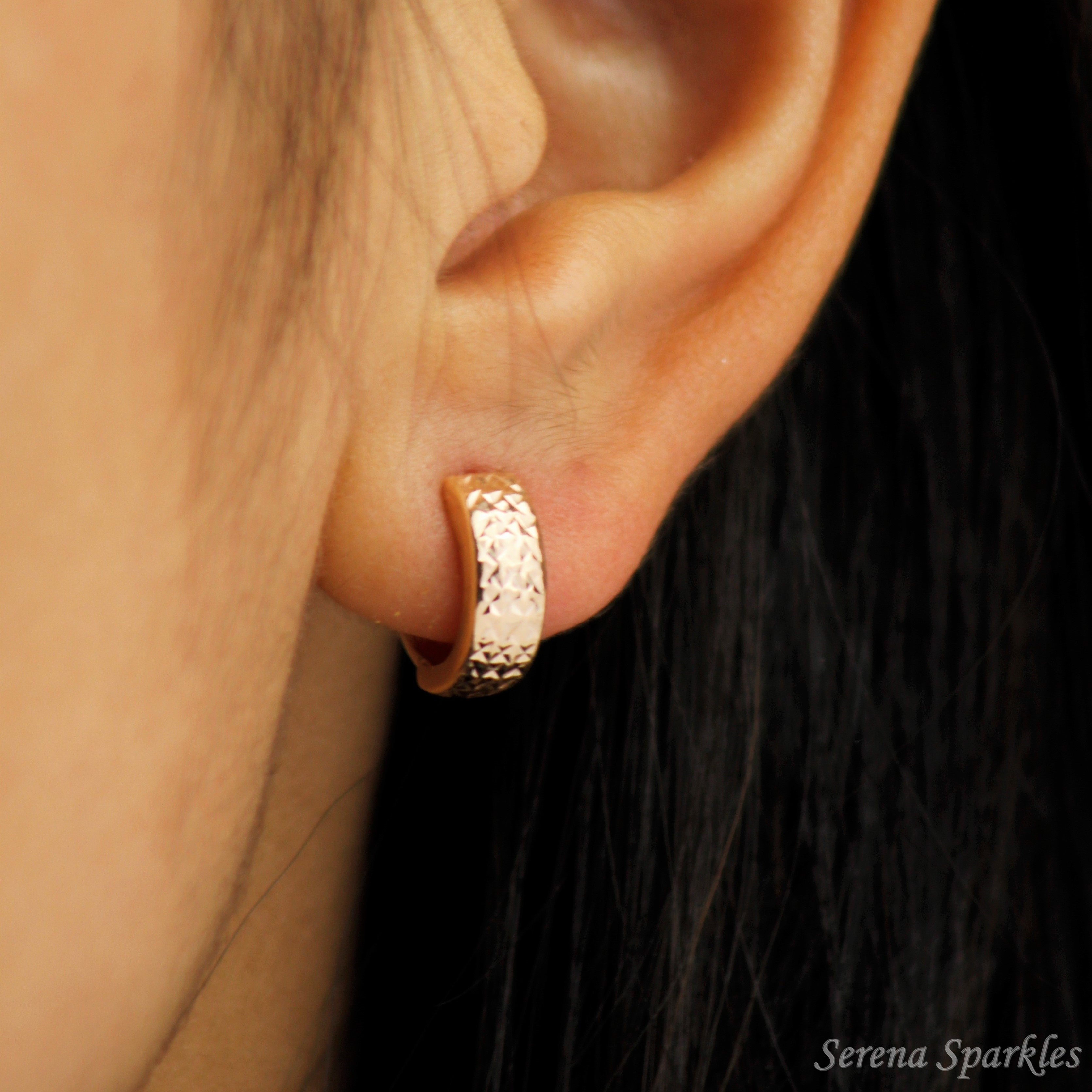 10k Solid Rose Gold Diamond Cut Textured Huggie Earrings - Serena Sparkles