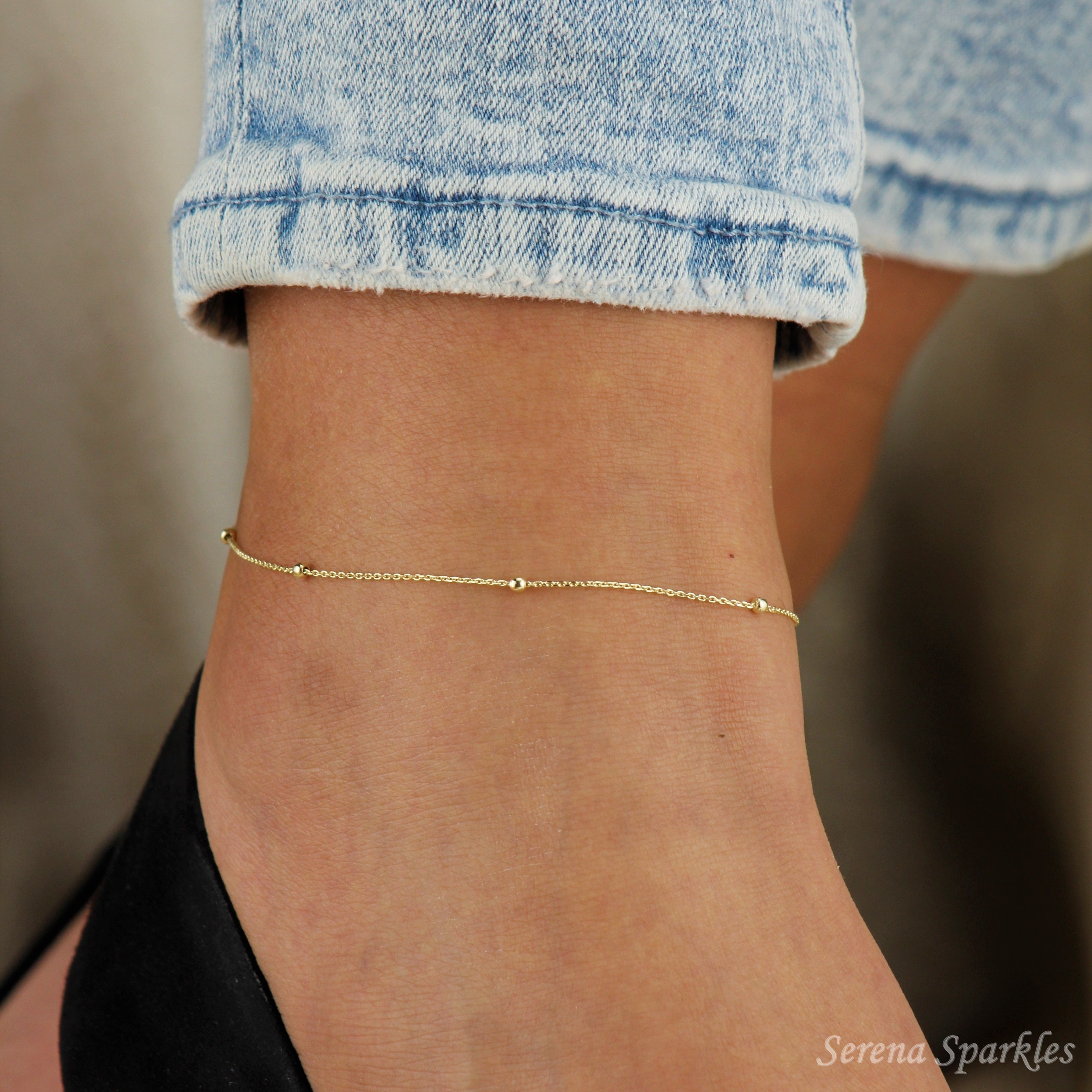 10k Solid Gold Satellite Chain Anklet - Serena Sparkles