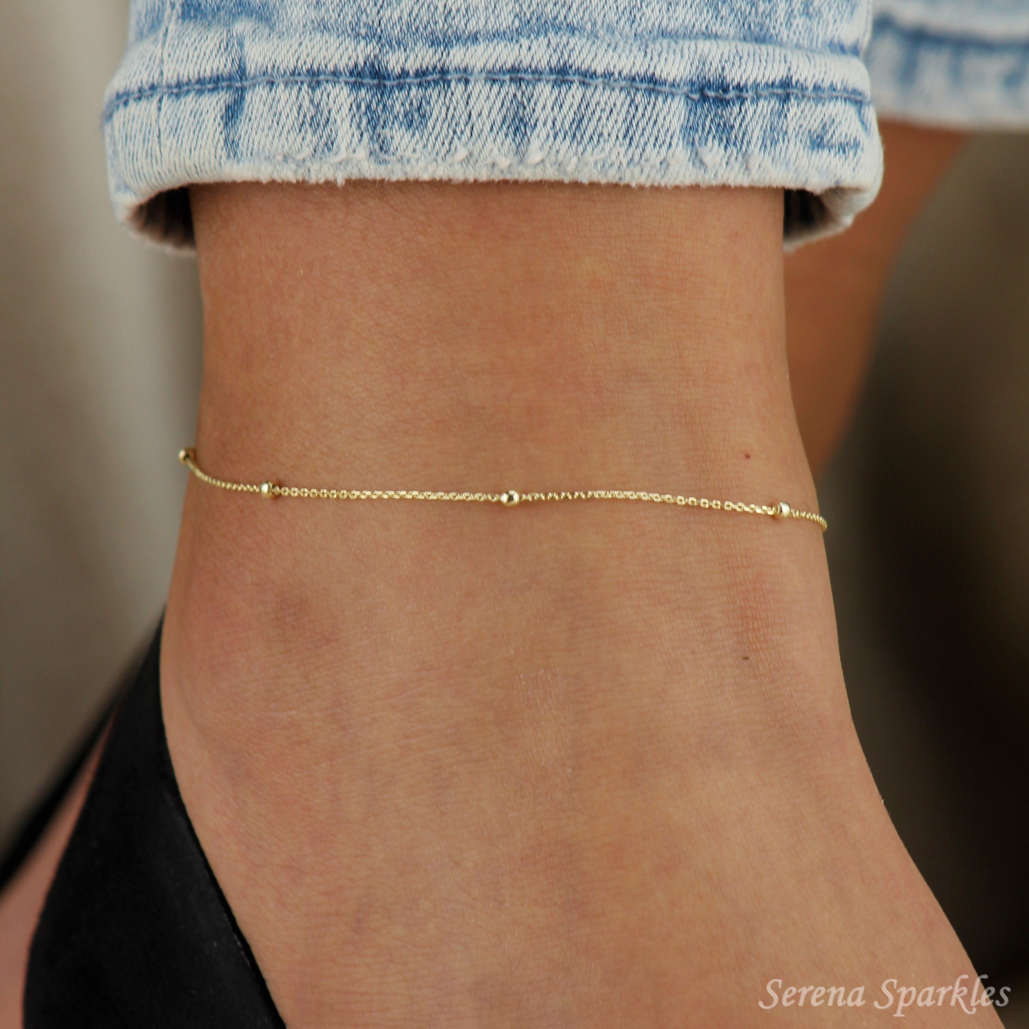 10k Solid Gold Satellite Chain Anklet - Serena Sparkles