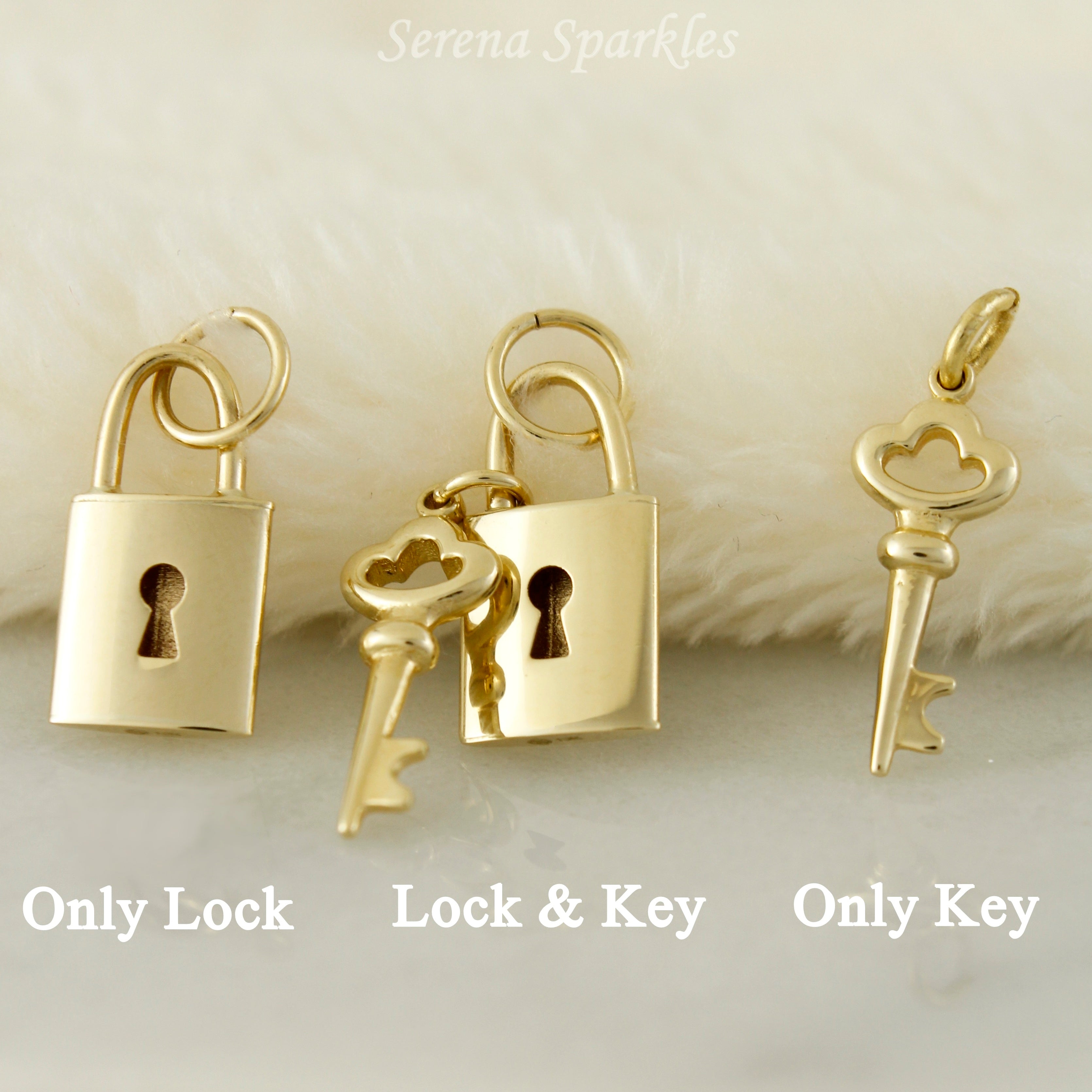 10k Solid Gold Lock & Key Charm Pendant - Serena Sparkles