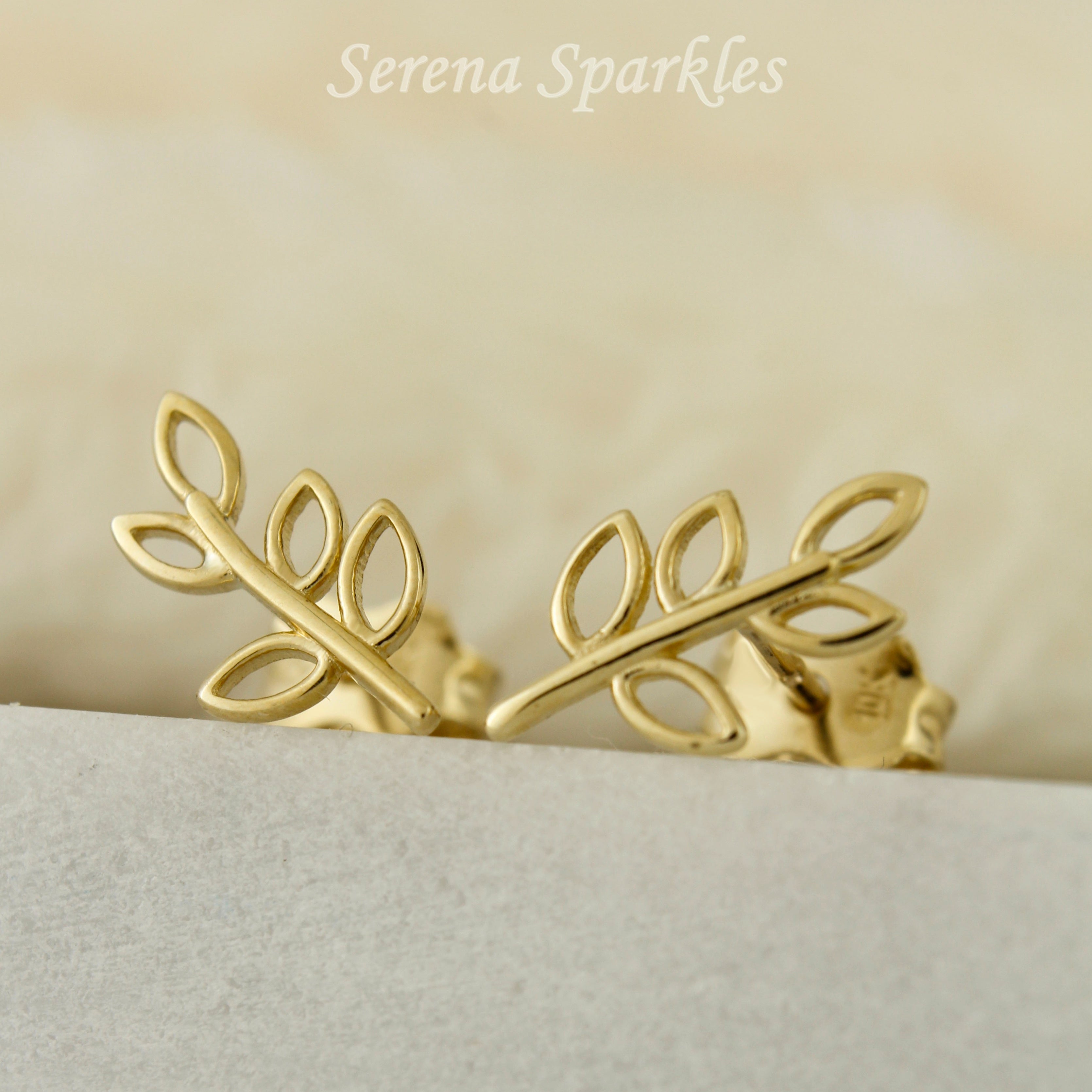 10k Solid Gold Leaf Ear Stud Earrings - Serena Sparkles