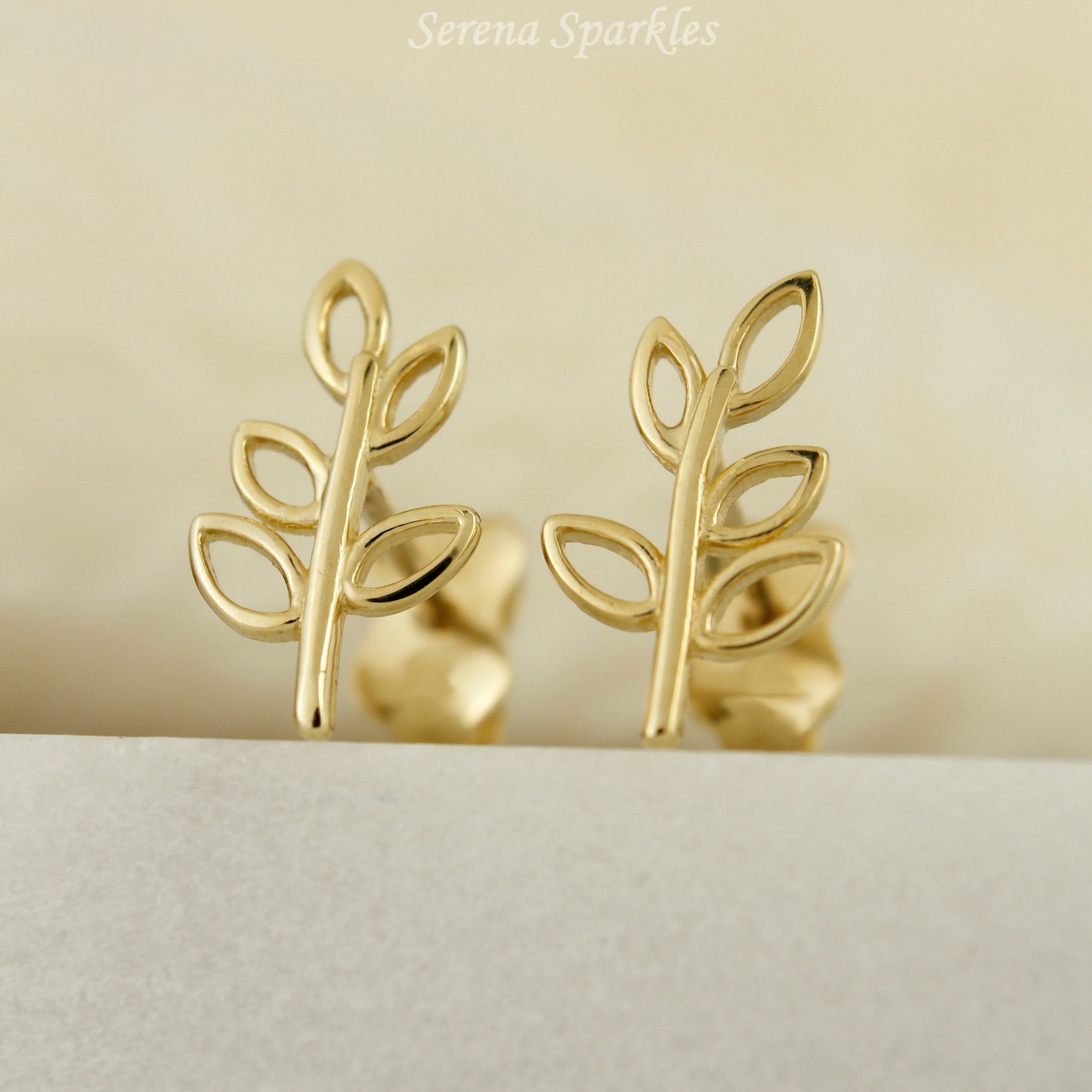 10k Solid Gold Leaf Ear Stud Earrings - Serena Sparkles