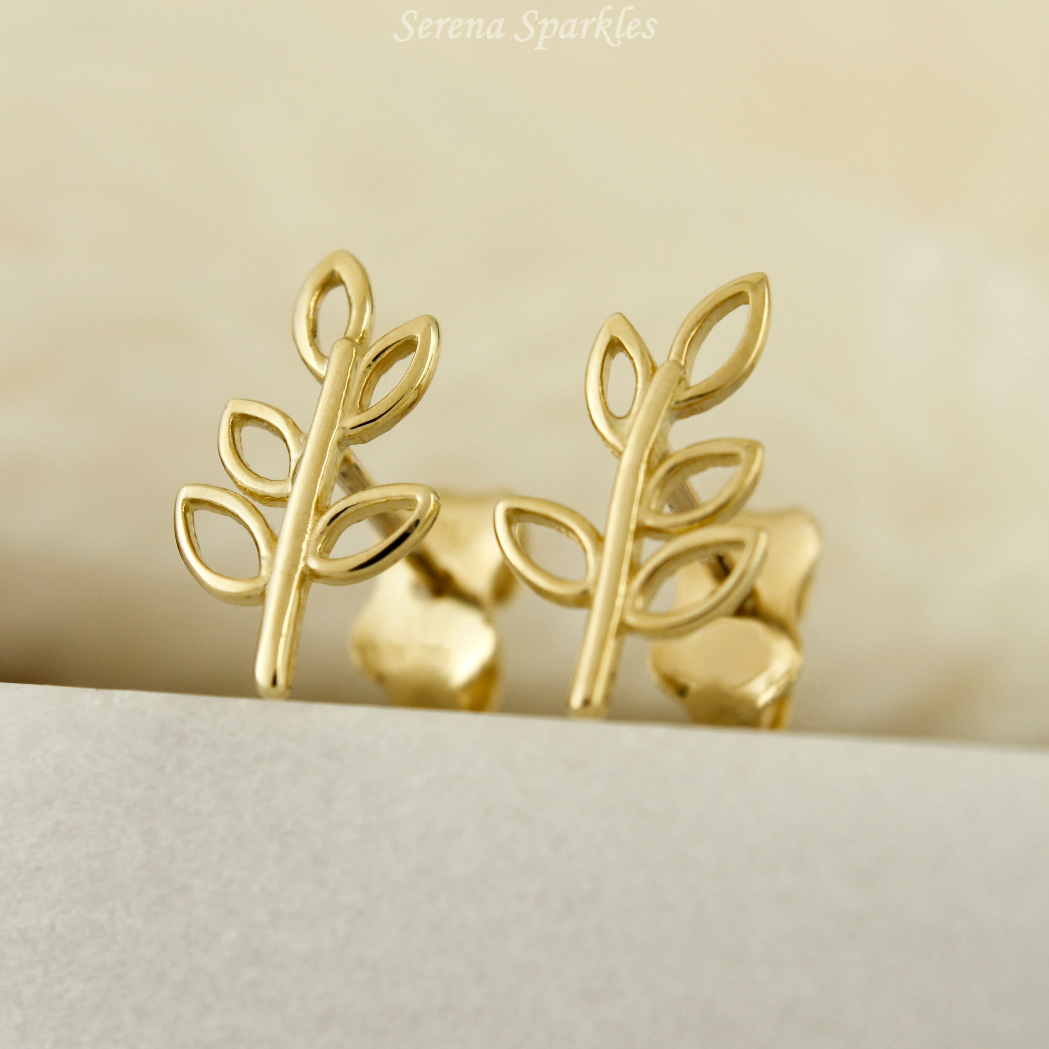 10k Solid Gold Leaf Ear Stud Earrings - Serena Sparkles