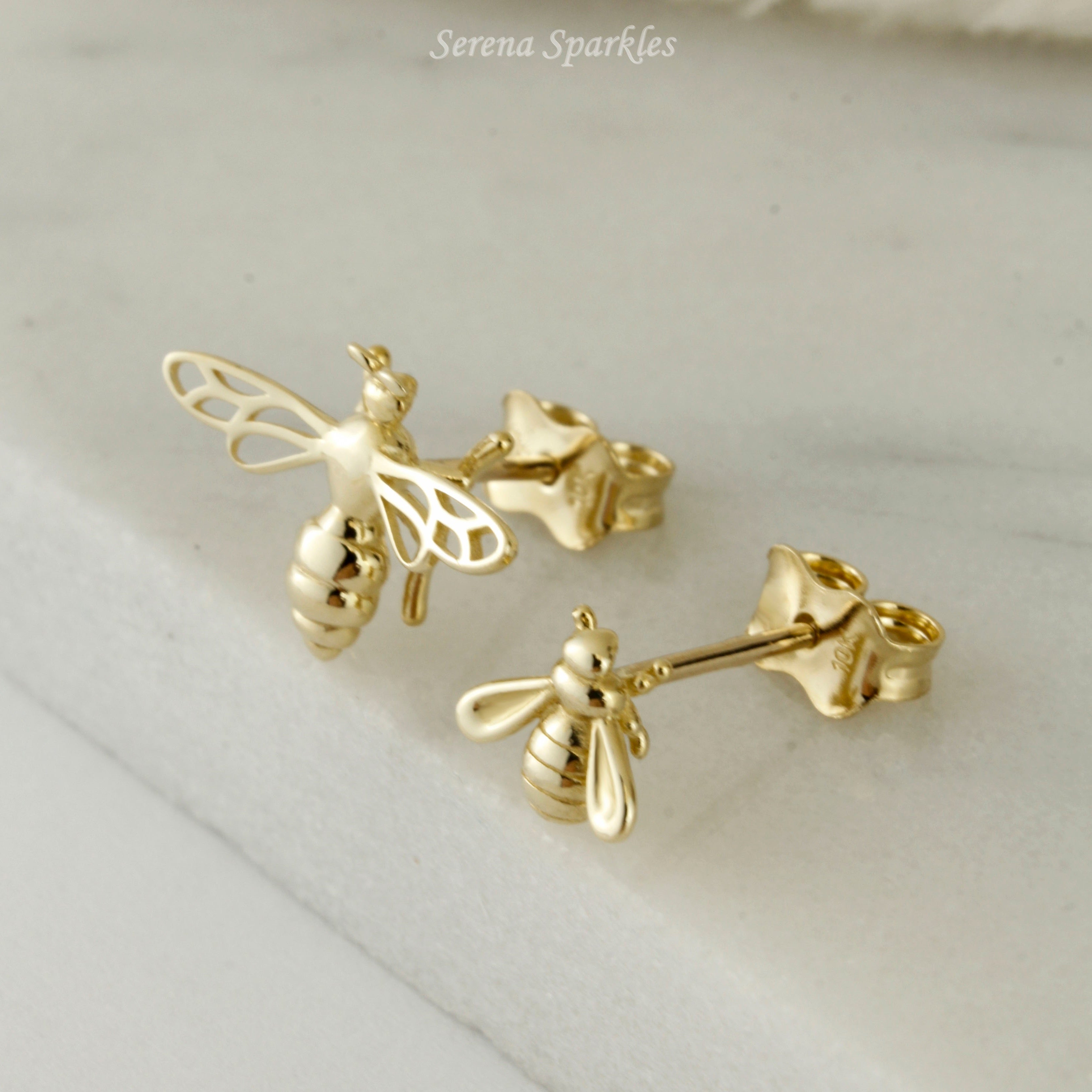 10k Solid Gold Bee Ear Stud Earrings - Serena Sparkles