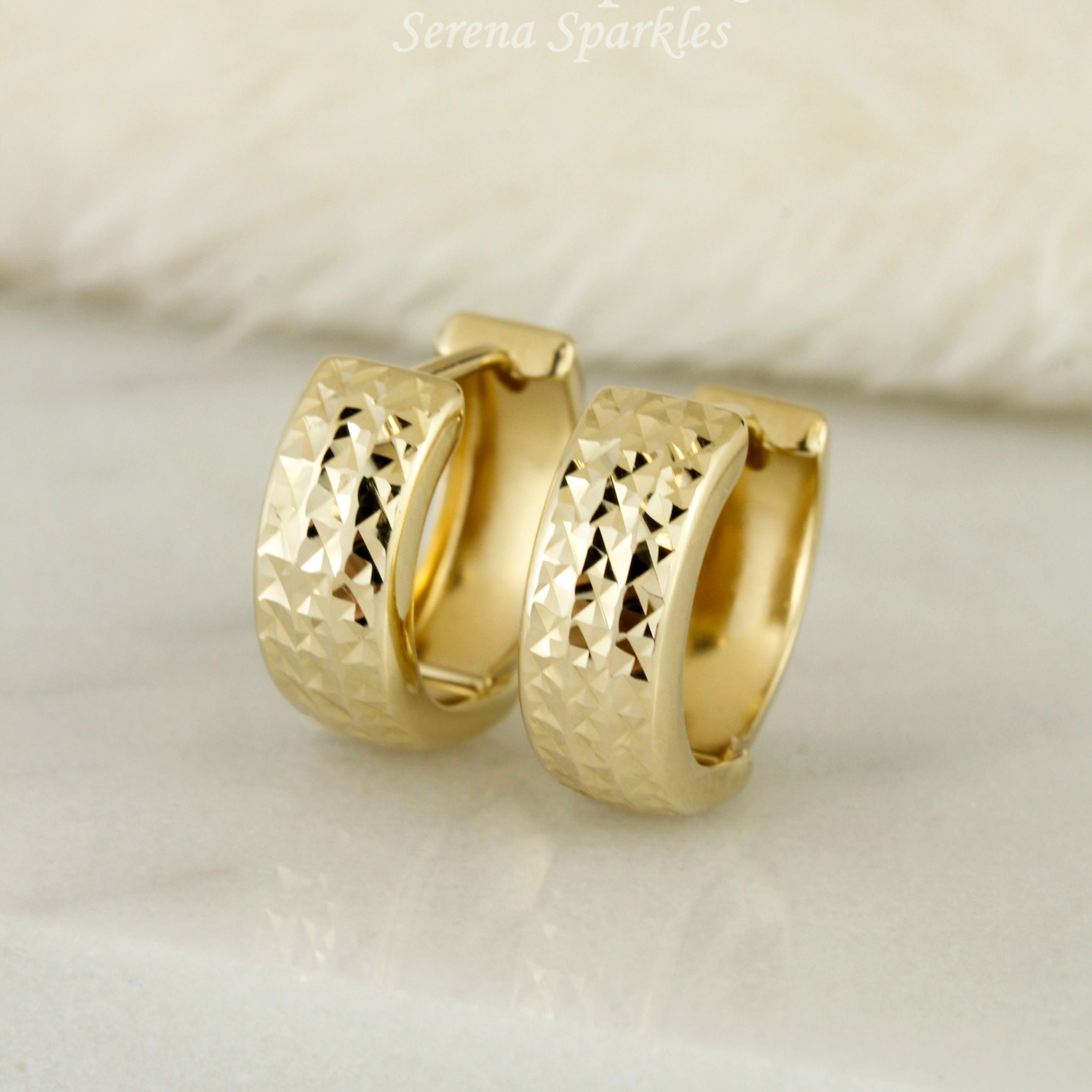 10k Solid Gold Diamond Cut Textured Huggie Earrings - Serena Sparkles