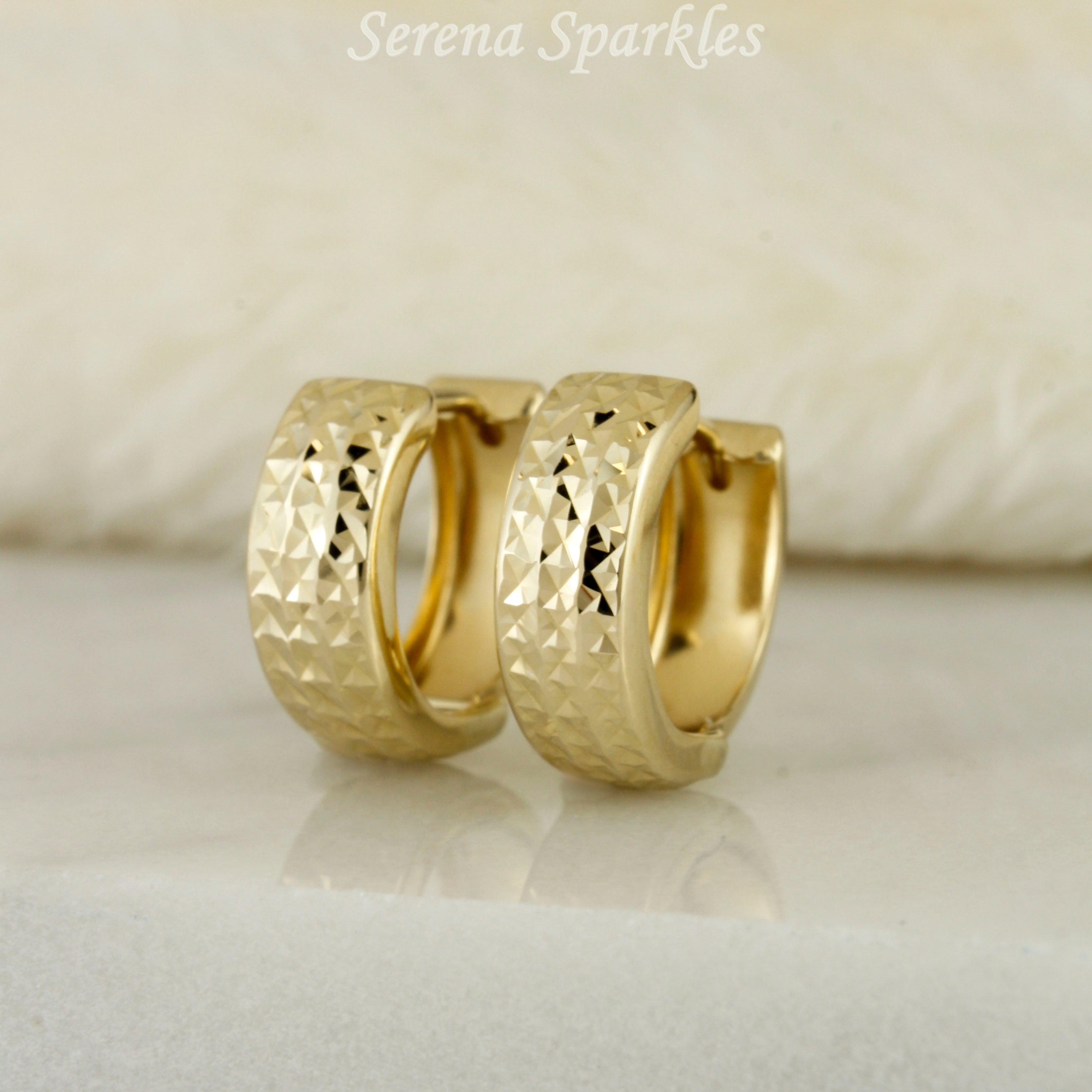 10k Solid Gold Diamond Cut Textured Huggie Earrings - Serena Sparkles