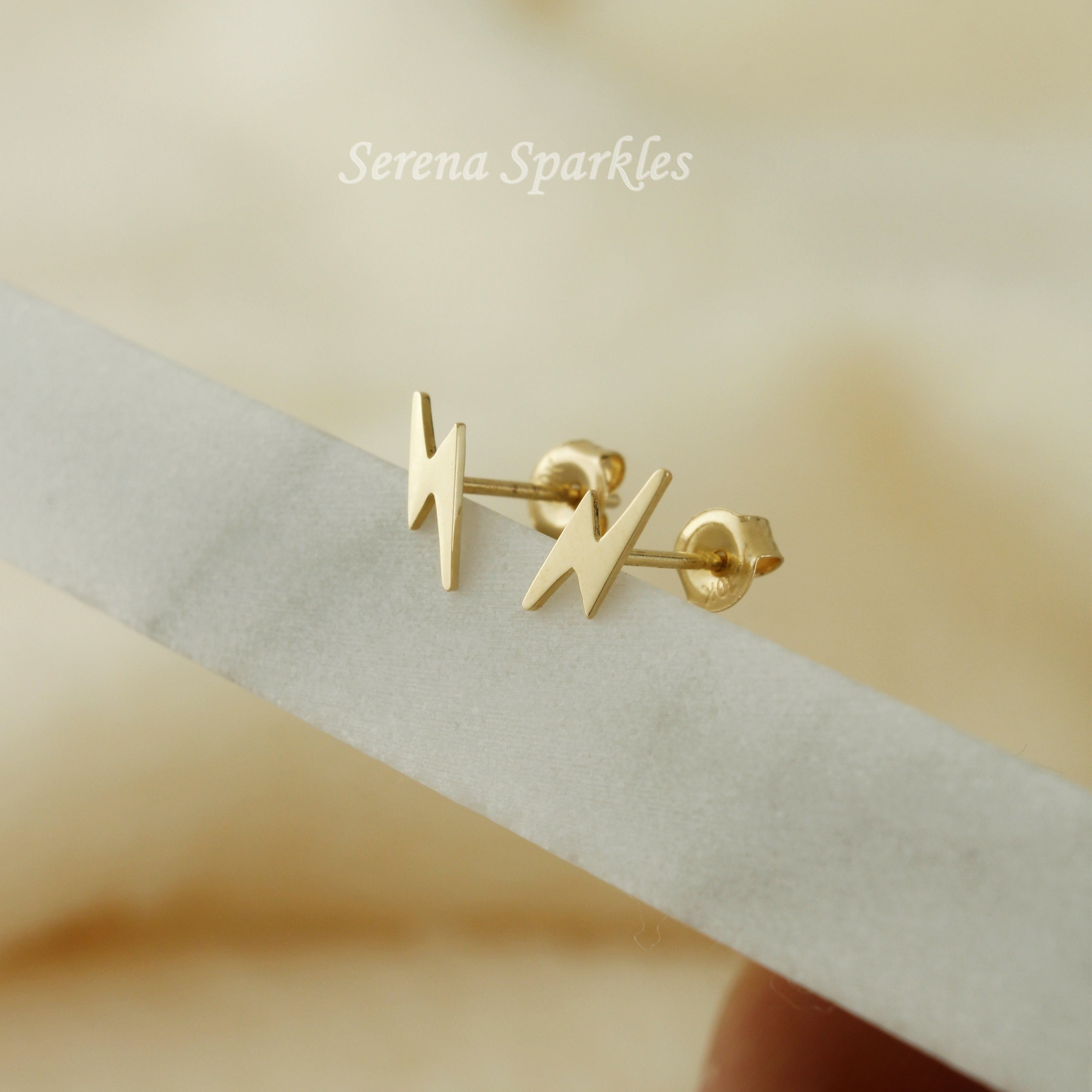 10k Solid Gold Lightning Bolt Stud Earrings - Serena Sparkles