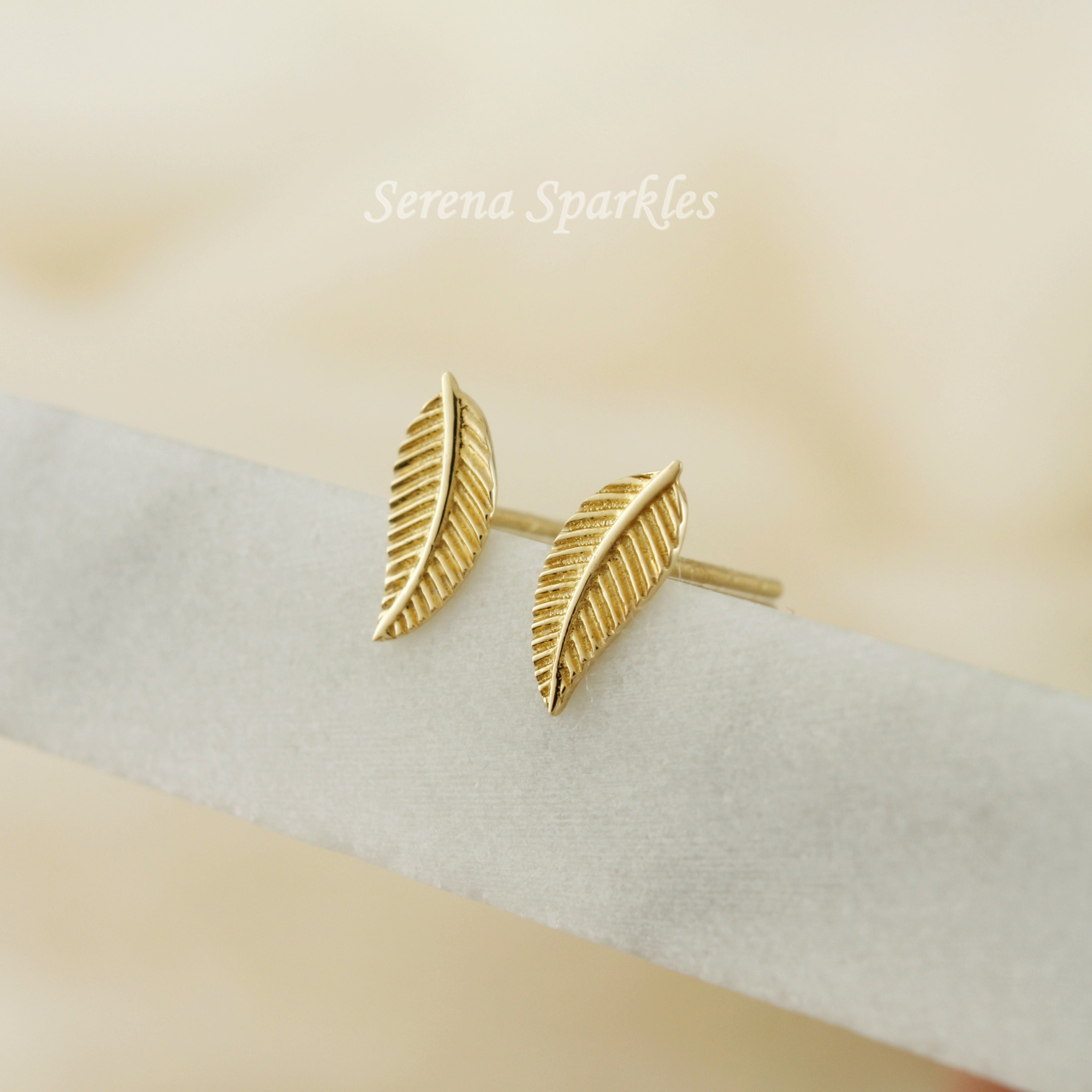 10k Solid Gold Feather Stud Earrings - Serena Sparkles