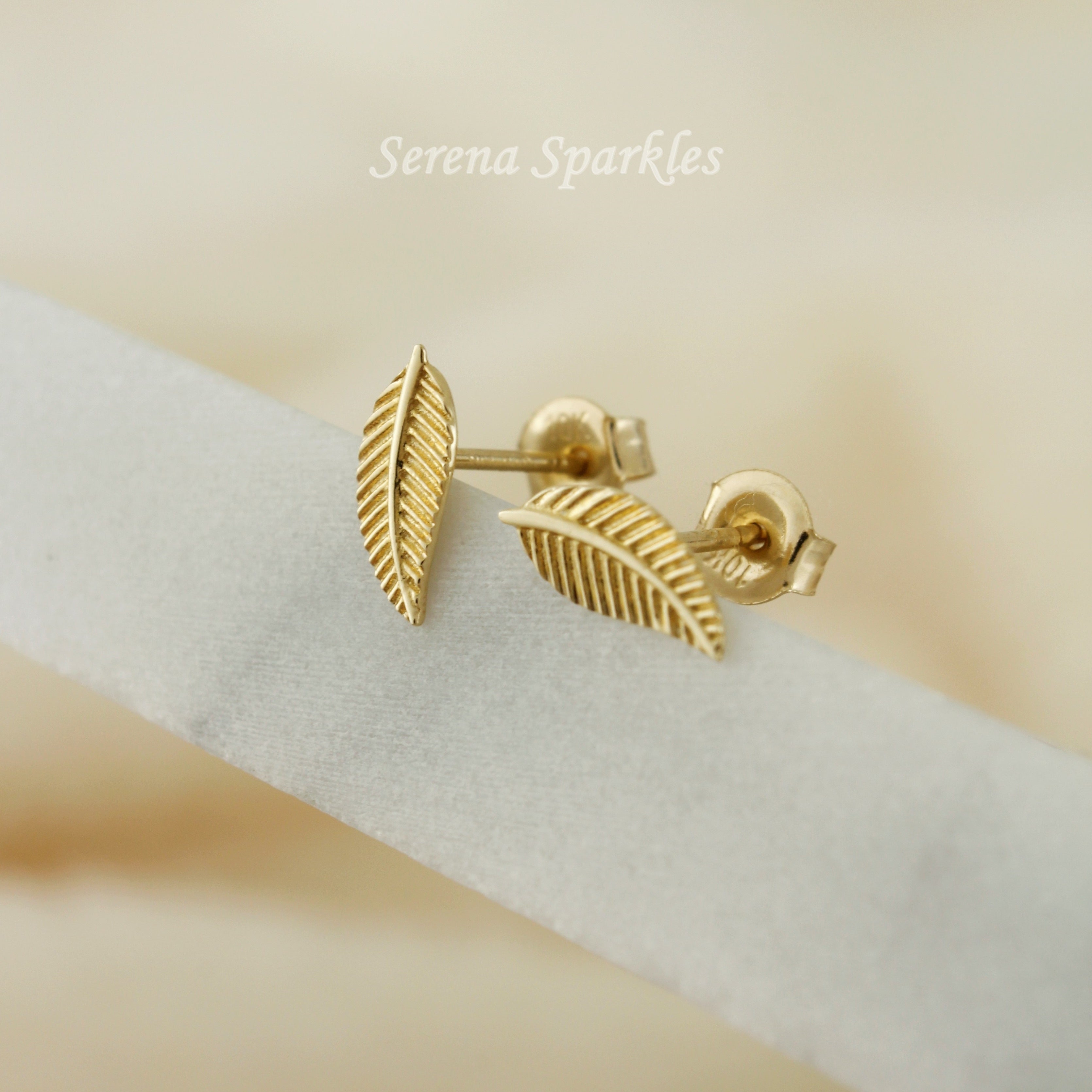 10k Solid Gold Feather Stud Earrings - Serena Sparkles