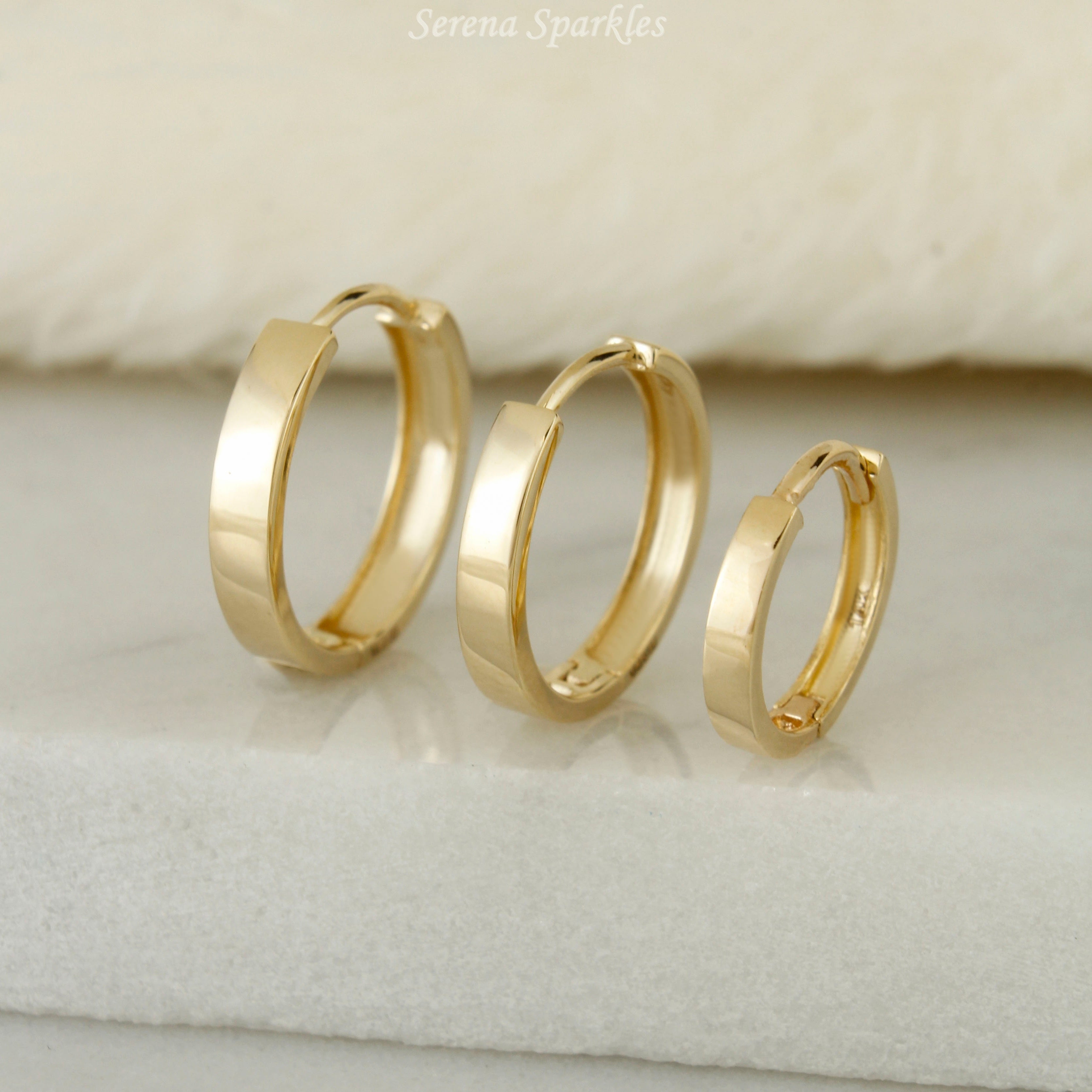 14k Solid Gold Plain Flat Huggie Earrings - Serena Sparkles