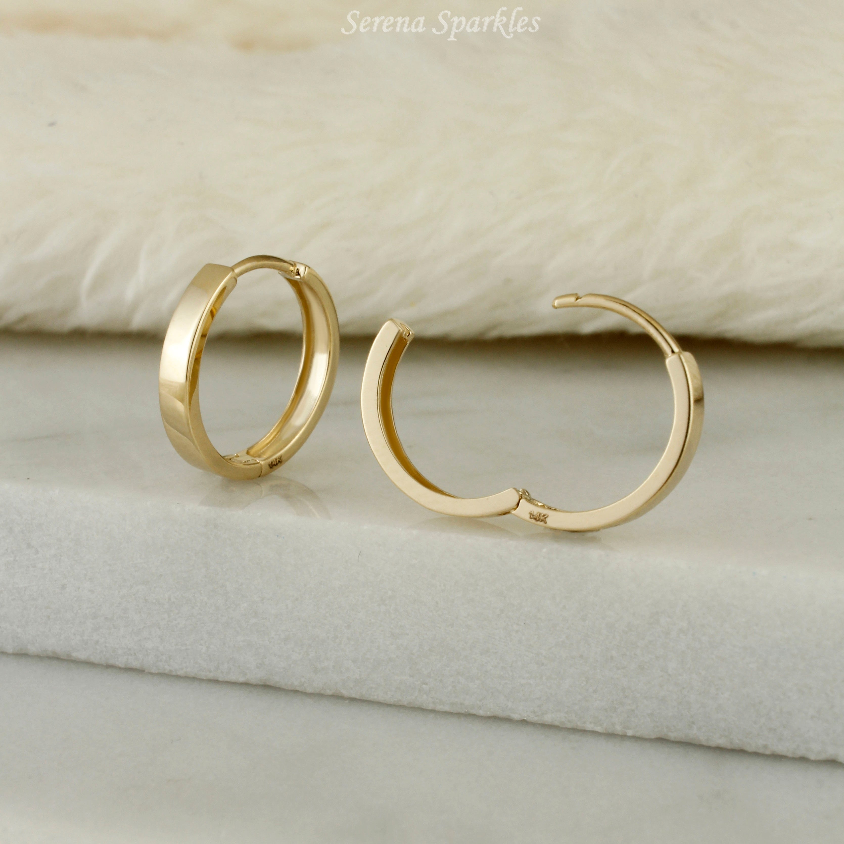 14k Solid Gold Plain Flat Huggie Earrings - Serena Sparkles