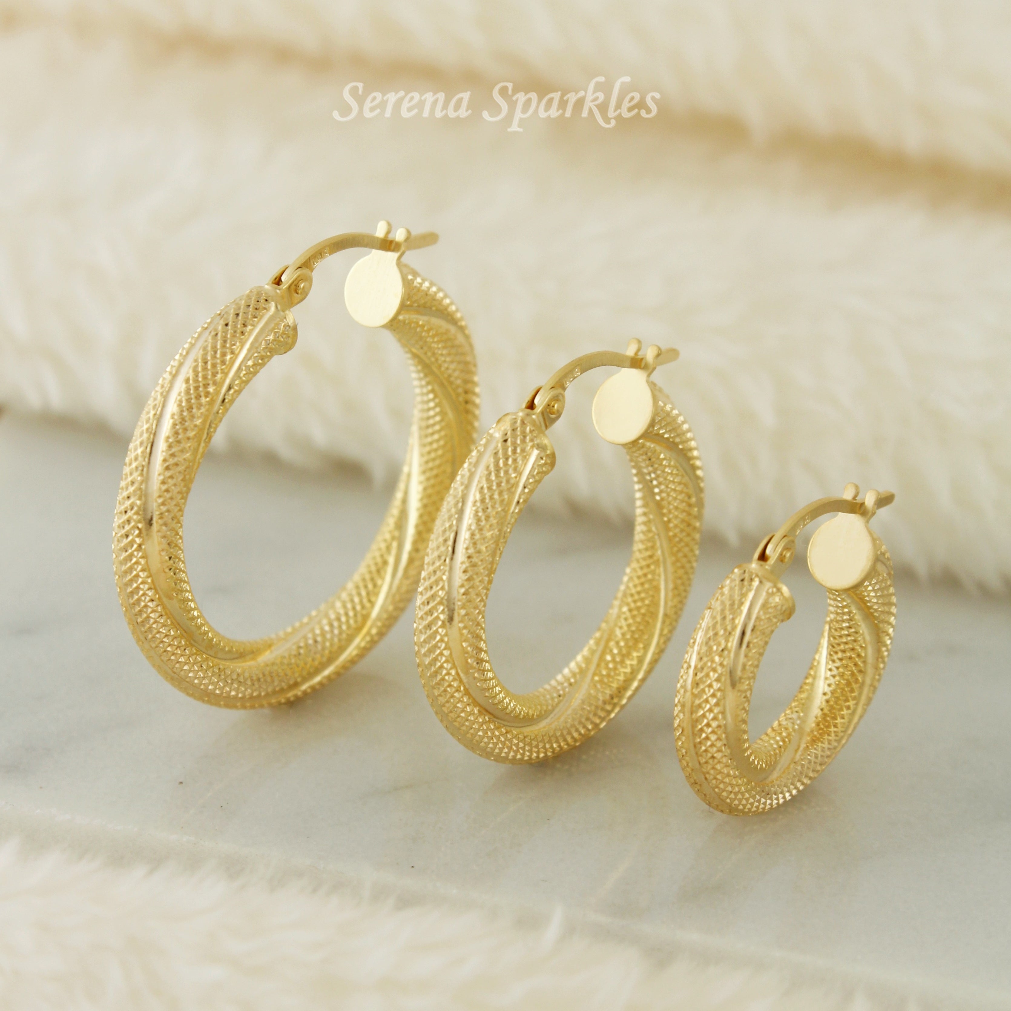 10k Solid Gold 4mm Textured Hoop Earrings - Serena Sparkles