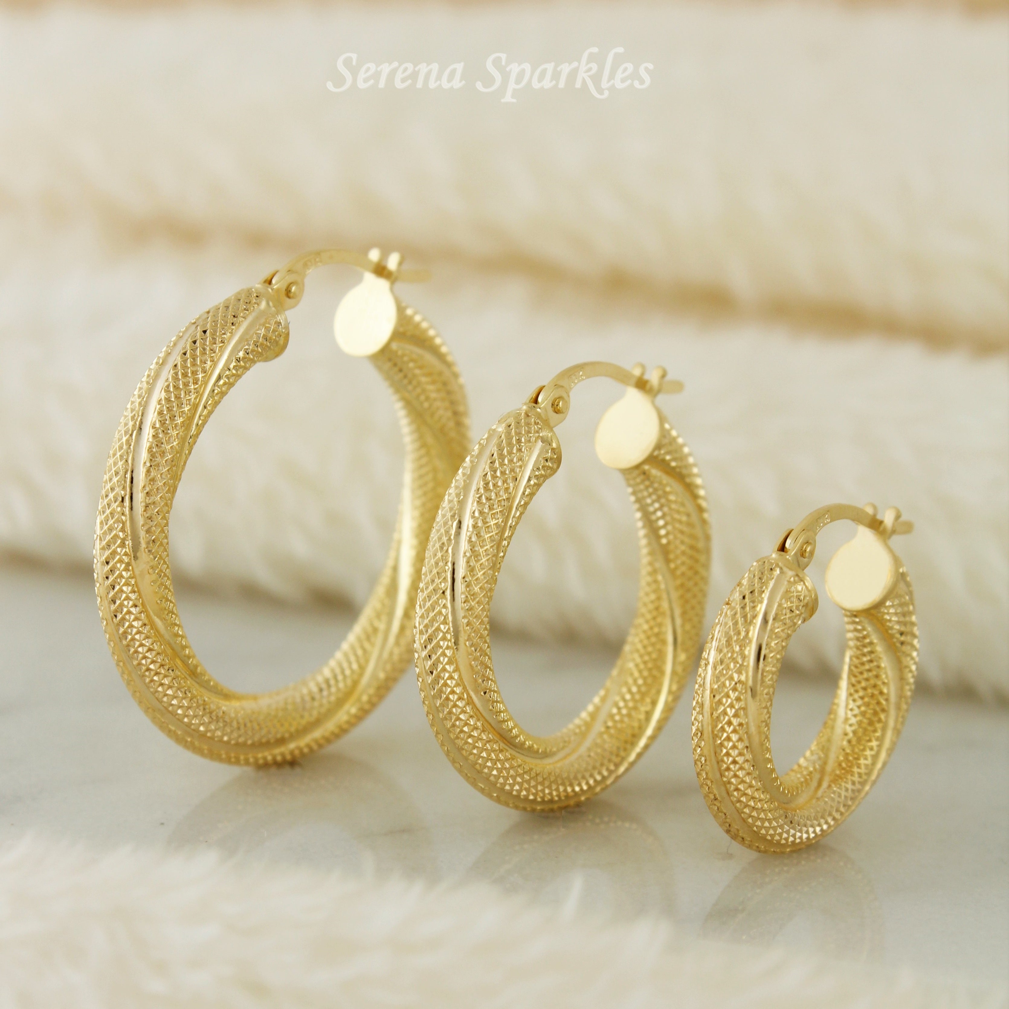 10k Solid Gold 4mm Textured Hoop Earrings - Serena Sparkles